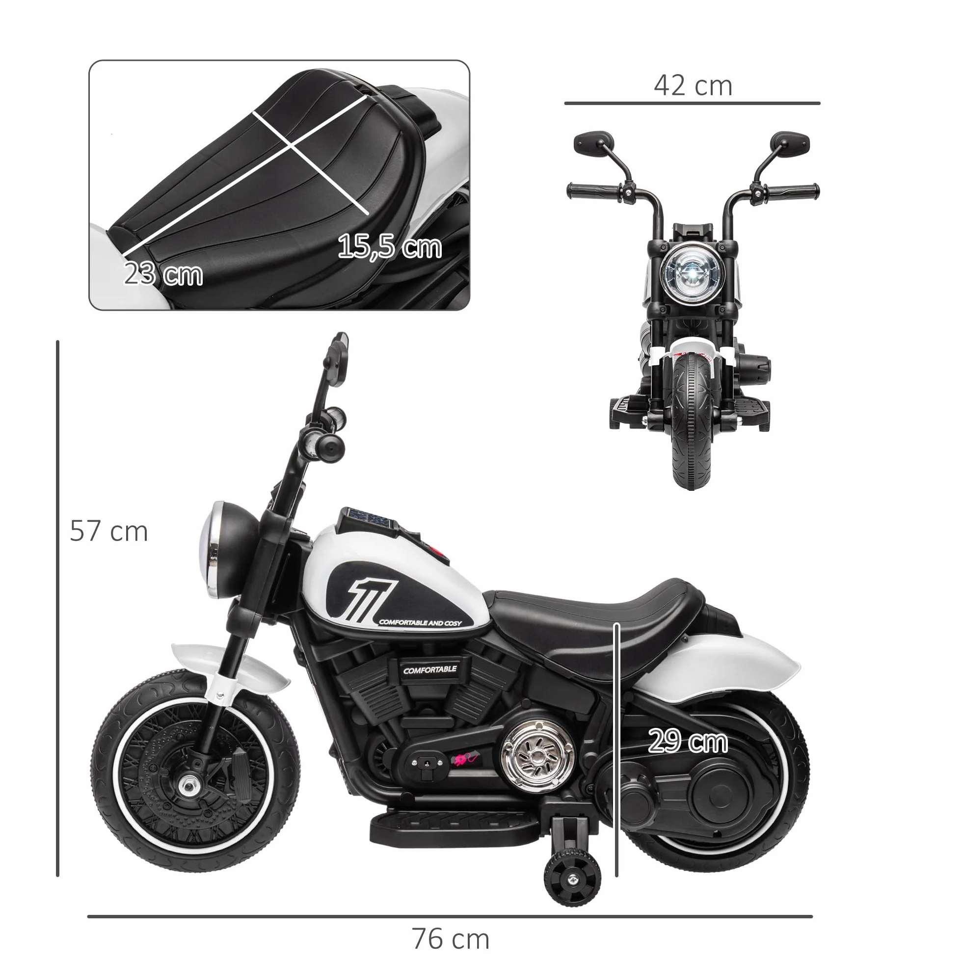 HOMCOM Moto Eléctrica para Niños 18-36 Meses, Batería 6V, Faro, Ruedas Auxiliares, Carga 25 kg, Blanco