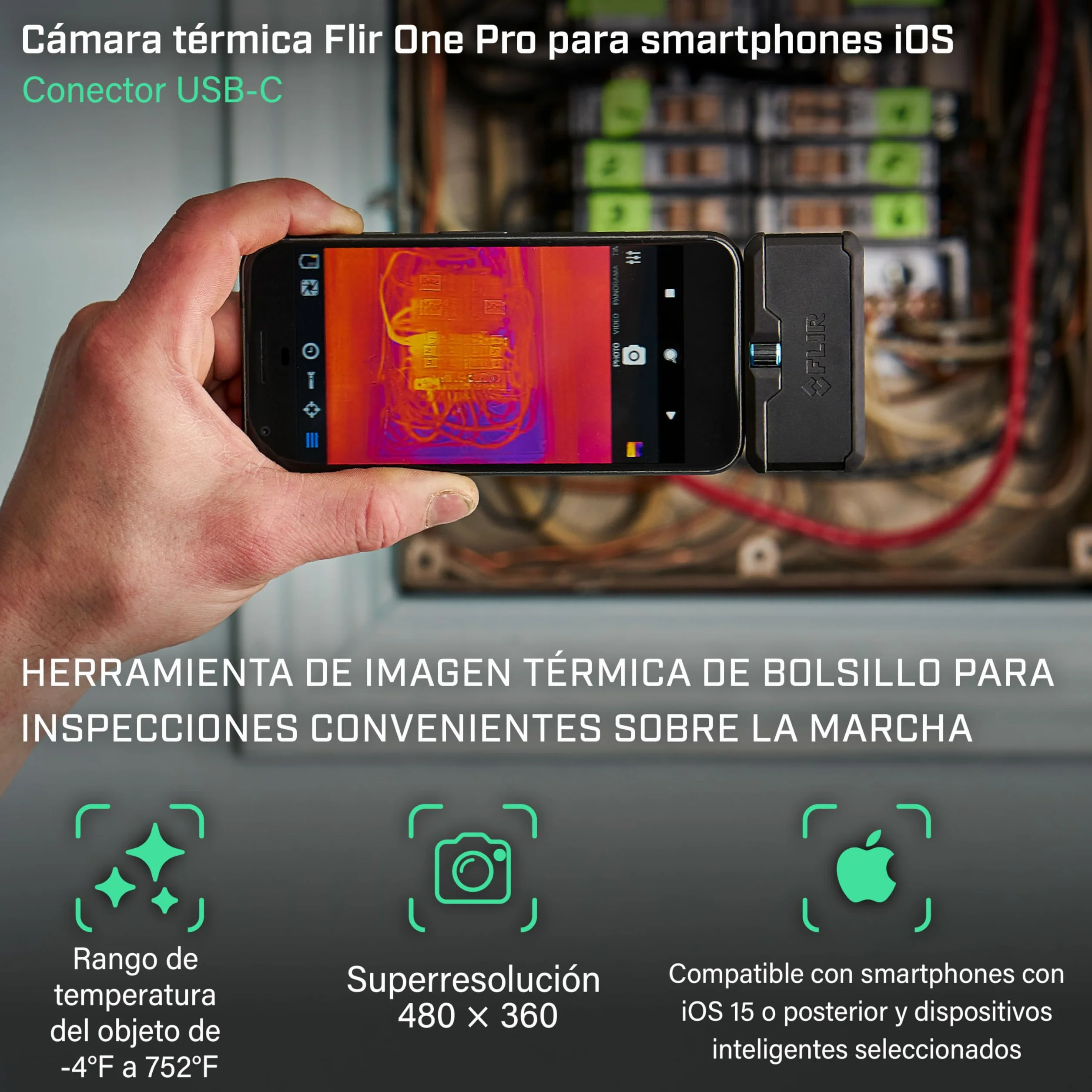 Flir One Pro - Cámara Termográfica Para Smartphones iOS (iPhone 15 Y Posteriores Con USB-C), Súper Resolución De 480X360 (IR Nativo De 160X120)