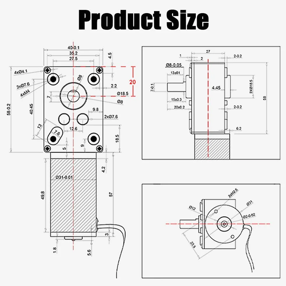 Motorreductor de engranaje helicoidal reversible 12V 30 RPM 8mm