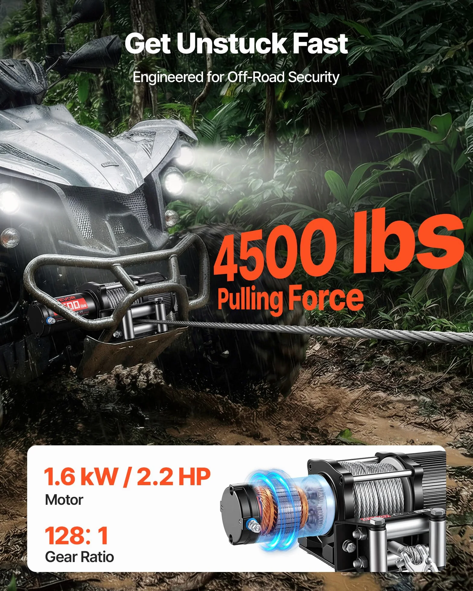 VEVOR Cabrestante Eléctrico 12V 2041 kg para ATV UTV con Cuerda de Acero 6 mm x 12 m, Motor 1,6 kW, IP54, Control Remoto con Cable e Inalámbrico con Guía de Rodillos, Placa de Montaje para Todoterreno
