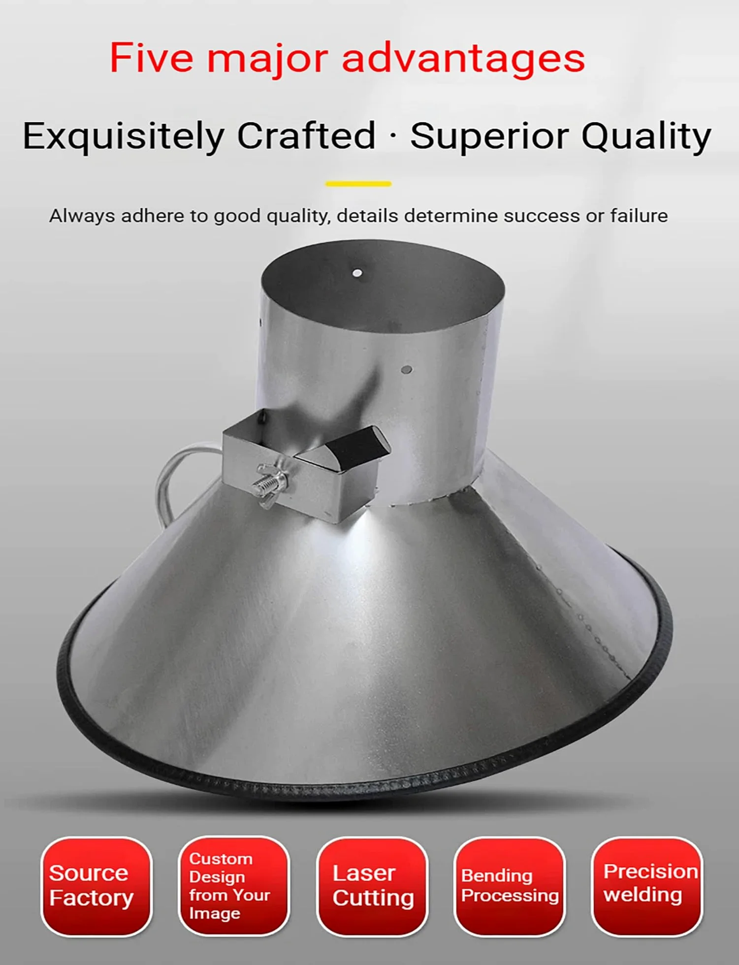 Campana de humo de acero inoxidable 304, tubo de escape redondo de soldadura con succión ajustable para colección industrial, 35 cm de diámetro, 14 cm de apertura