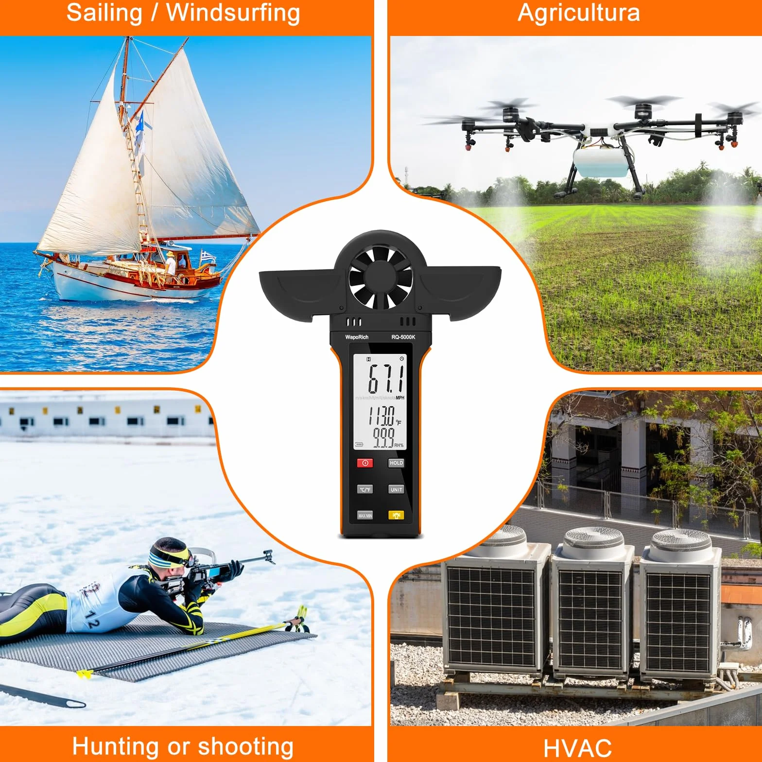 Anemómetro digital WapoRich RQ-5000K portátil medidor velocidad viento humedad temperatura MAX/MIN/AVG
