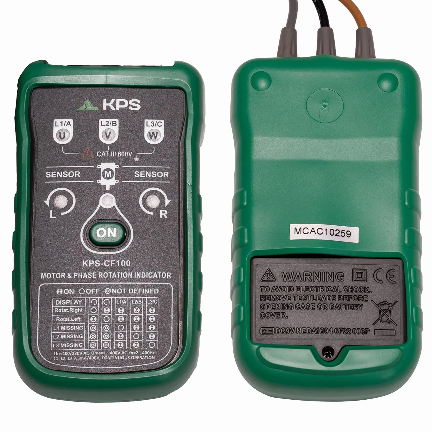 KPS-CF100 Comprobador de secuencia de fases y rotación de motores. Indicador de secuencia de fases en sistemas trifásicos. Comprobador del sentido de giro de motores.