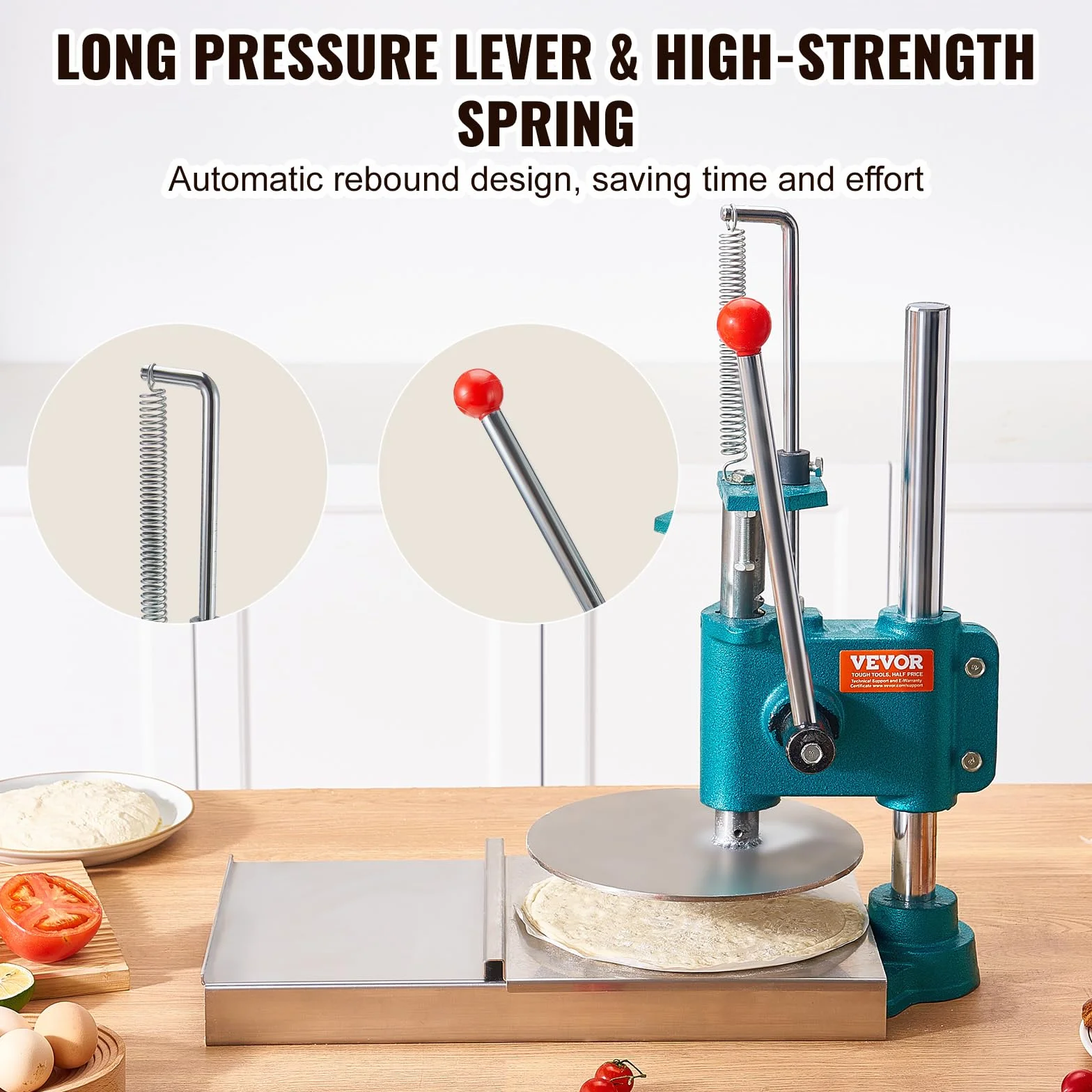 VEVOR Prensa de Pasta Máquina de Pizza Manual Diámetro de 24cm con Bandeja de Acero Inoxidable Formadora de Pizza Doméstica Altura Ajustable para Tartas Tortillas Panes Pizzerías Panaderías Cafeterías