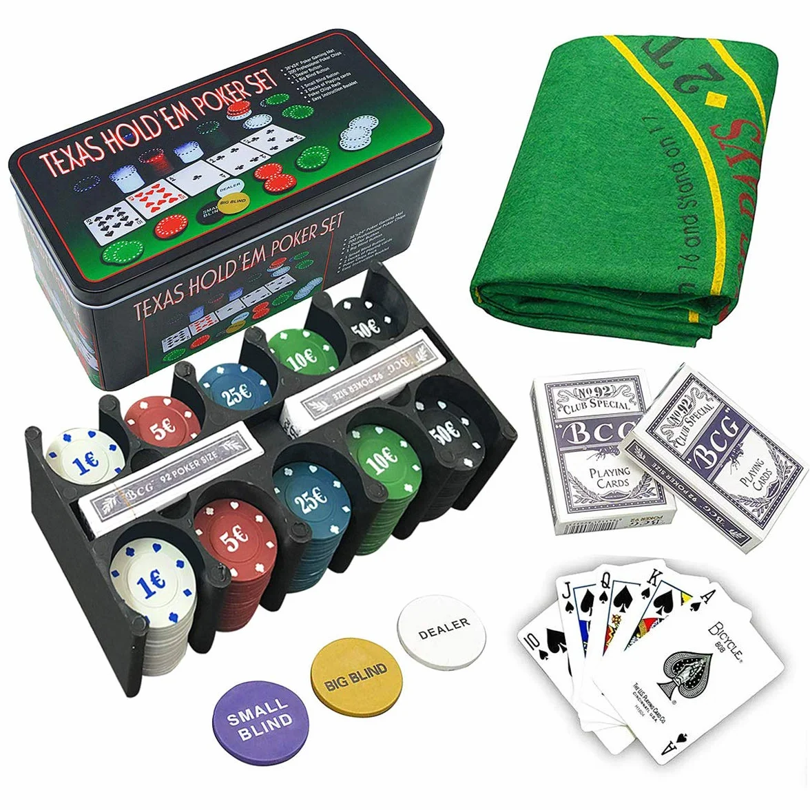 Set de Póker Profesional 200 Fichas, 2 Barajas, Botón Dealer, Tapete, Caja Metálica para Texas Holdem