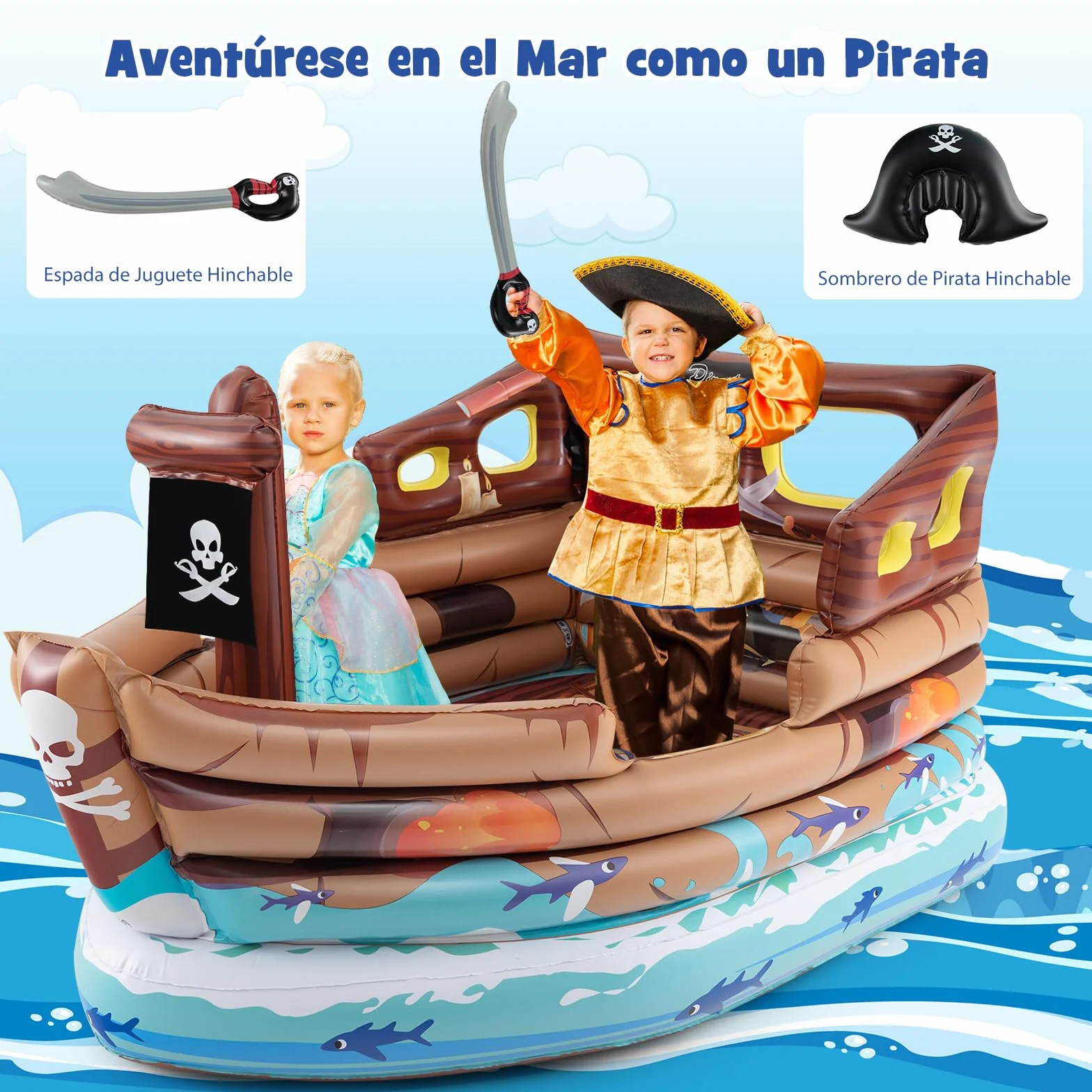 COSTWAY Barca Hinchable Niños Pirata Motor Incorporado 203x138x111 cm