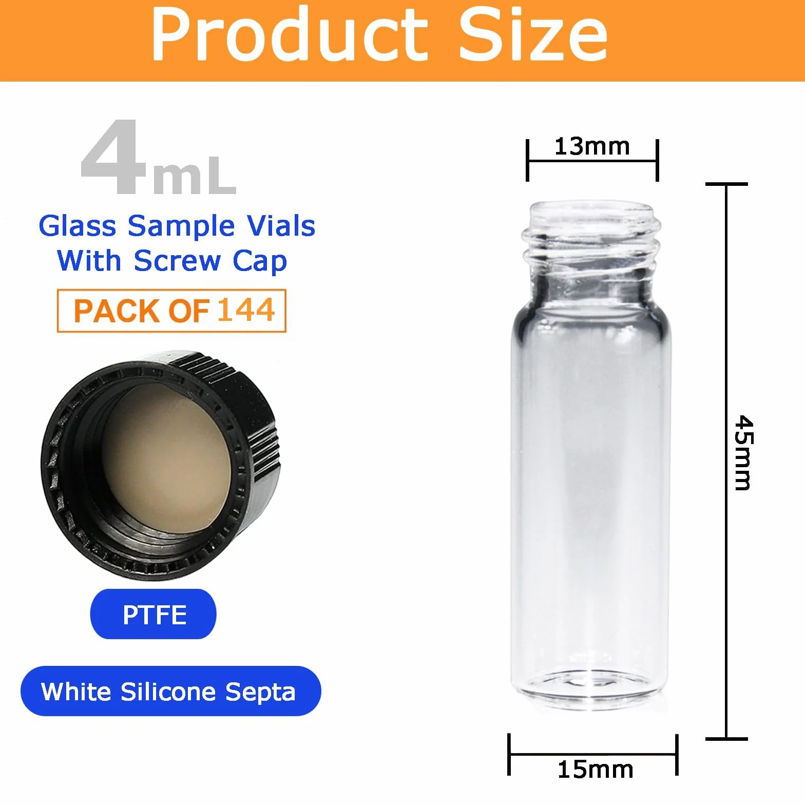 ALWSCI 144 Piezas Viales de Muestra 4ml Frascos de Vidrio Transparente con Tapón de Rosca PTFE Natural/Silicona Blanco 17x60mm