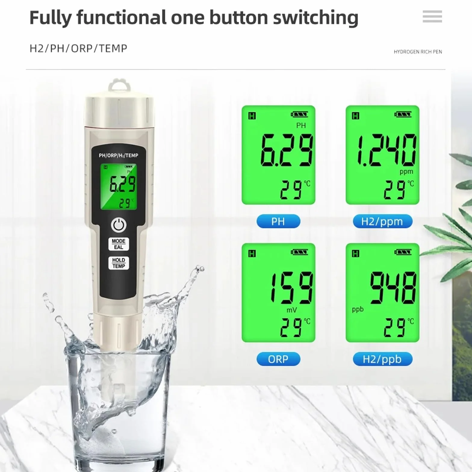 Medidor de PH, Medidor de pH 4 en 1, probador de hidrógeno enriquecido, retroiluminación, ORP, H2, TEMP, bolígrafo de prueba portátil, detector de calidad del agua for piscinas y acuarios.
