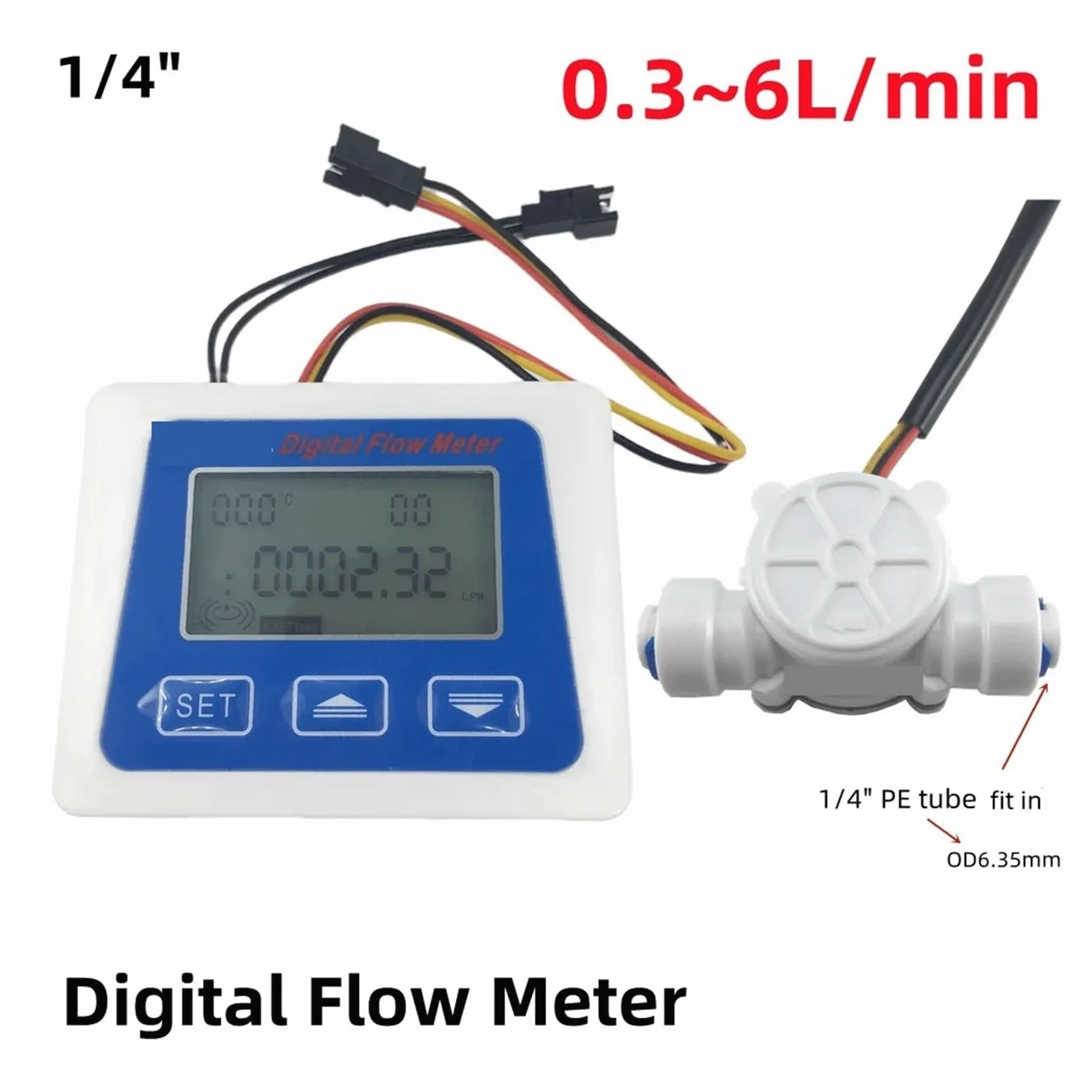 Alta Sensibilidad Medidor de Sensor de Flujo de Agua con pantalla LCD Digital, medidor de flujo, totalímetro con contador de flujo de turbina de 3/8 "/1/4" Medidas precisas(1-4 quick fit)