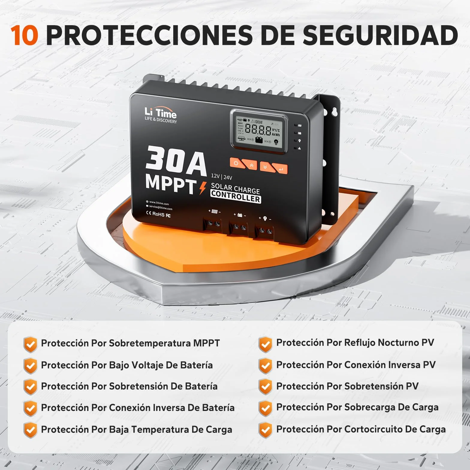 LiTime Regulador de carga solar MPPT de 30 A, 12 V/24 V, con módulo Bluetooth, parámetros de pantalla LCD ajustable, indicadores LED, regulador de panel solar, para batería de litio