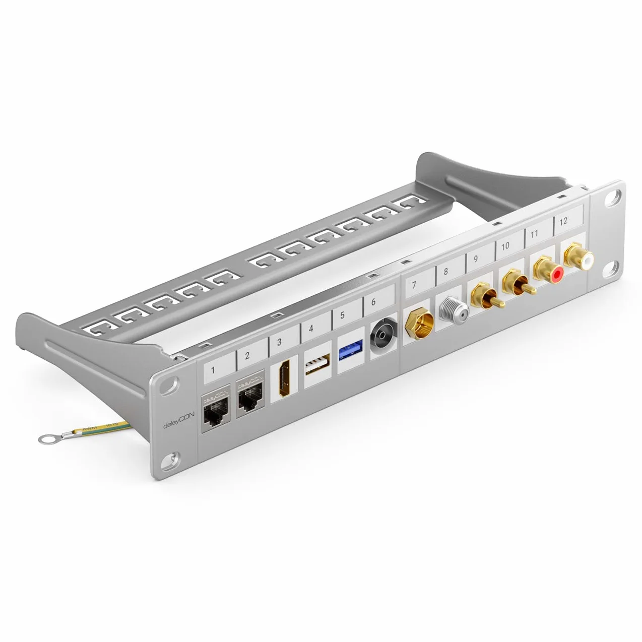 deleyCON Panel Patch 12 Puertos Modular Keystone 1 HE 10" Montaje Rack Compatible CAT6 CAT7 CAT8 LAN Gris