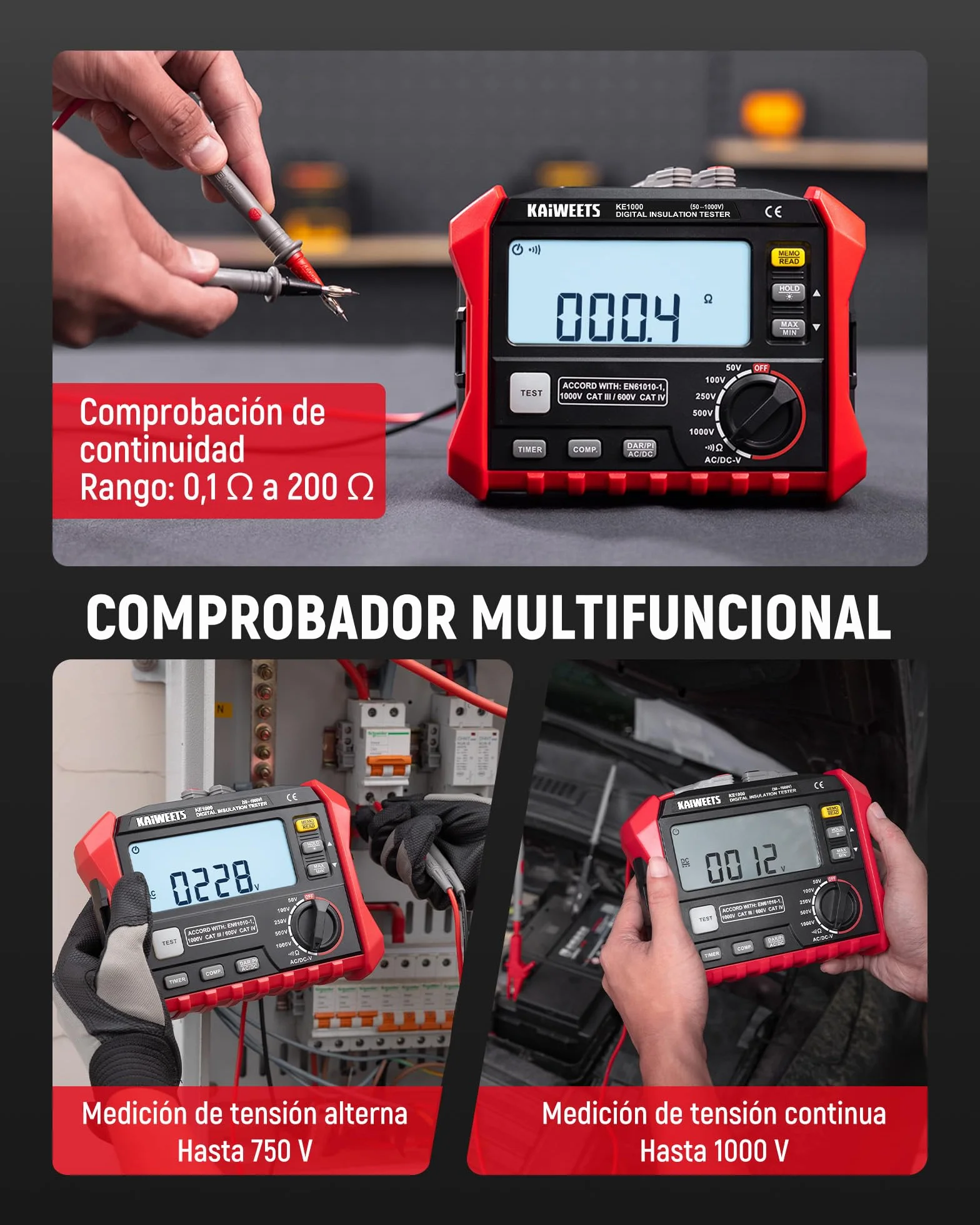 KAIWEETS Medidor de aislamiento de resistencia de aislamiento de hasta 100 GΩ, 50 V/100 V/250 V/500 V/1000 V, DAR/PI, con prueba de voltaje CA/CC para motores, solar, HVAC