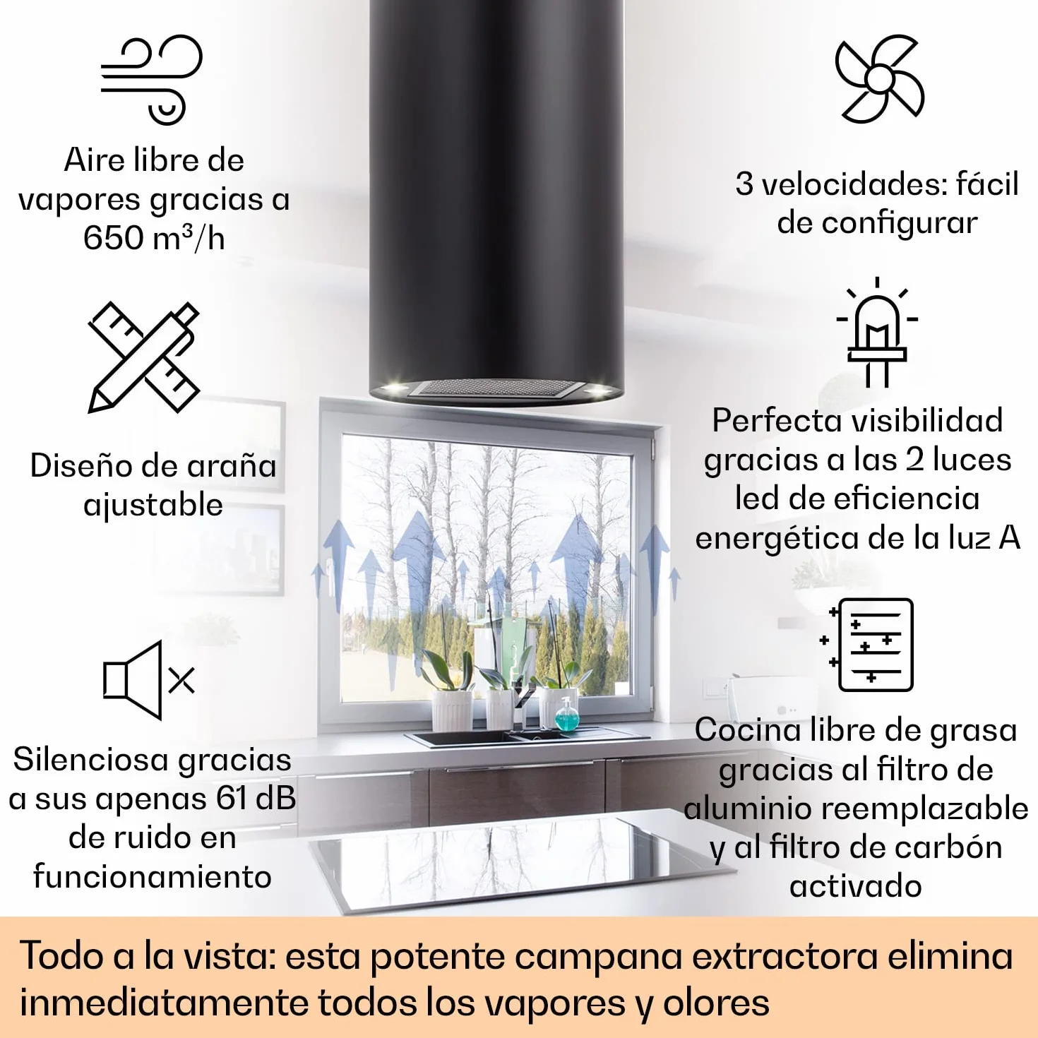 Klarstein Campana Isla Extractor 650 m³/h 3 Modos Filtros Carbón Activo Temporizador