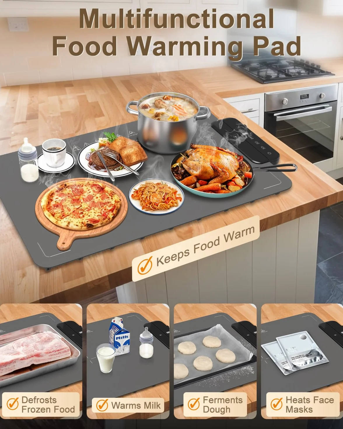 Alfombrilla Térmica para Alimentos con 6 Temperaturas, Bloqueo Infantil, Apagado Automático y Temporizador