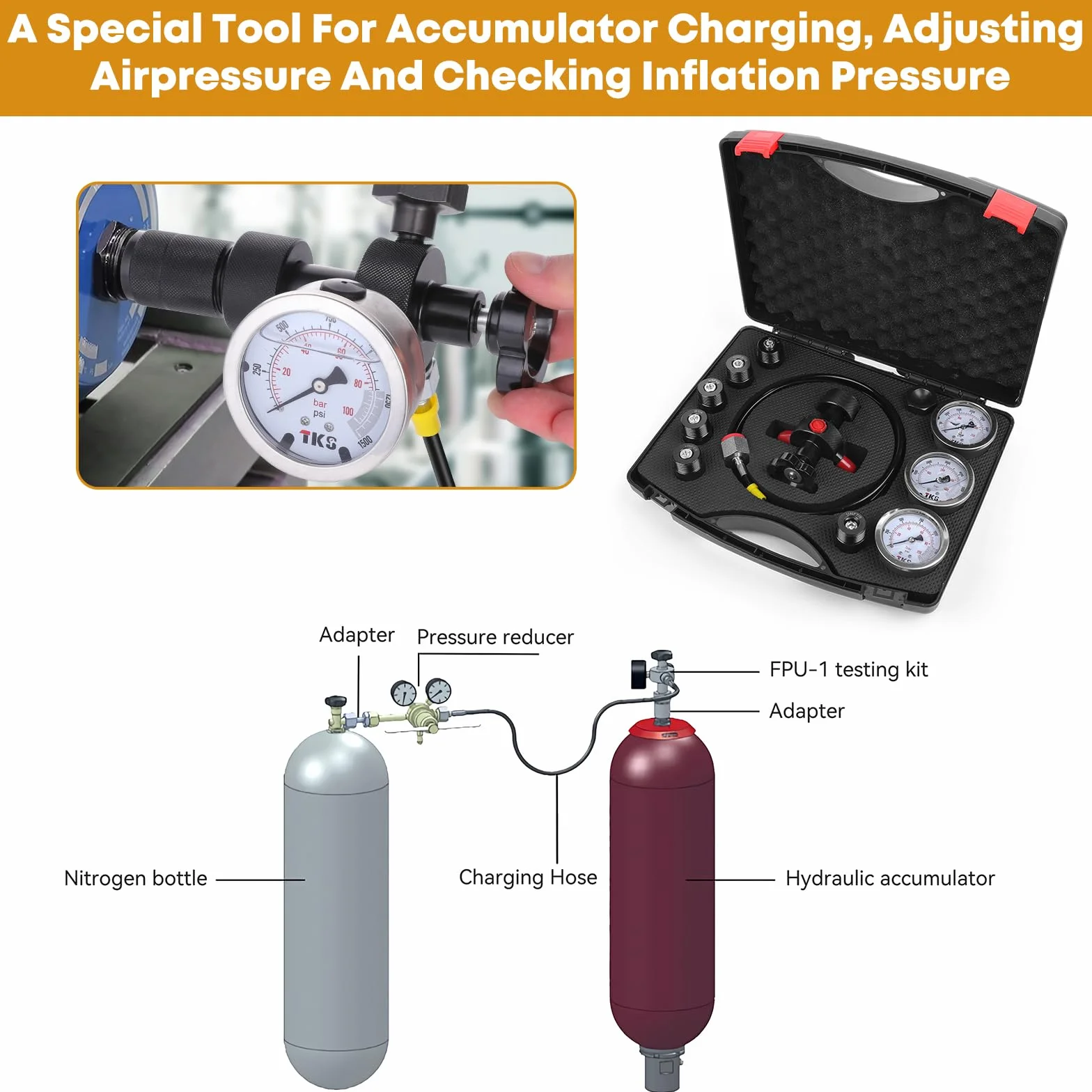 Kit de carga de acumulador de nitrógeno hidráulico, kit de llenado de nitrógeno, sistema de prueba de presión de nitrógeno con 7 acoplamientos, 3 manómetros (1500 PSI/4000 PSI/6000 PSI) y 1 manguera