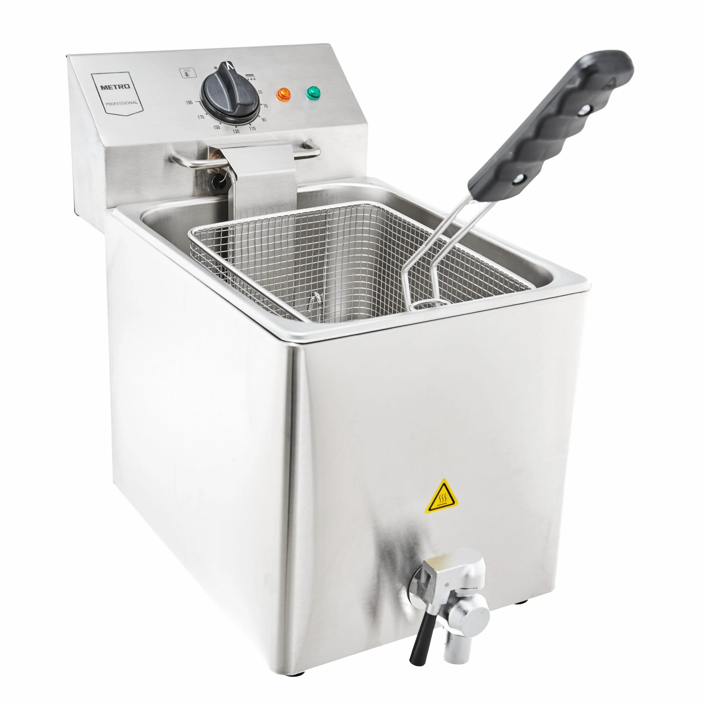 METRO Professional Freidora Eléctrica GDF3008, Acero Inoxidable, 8 L, Termostato Ajustable, Indicadores Luminosos, Asas Resistentes al Calor, 3250 W, Plateada