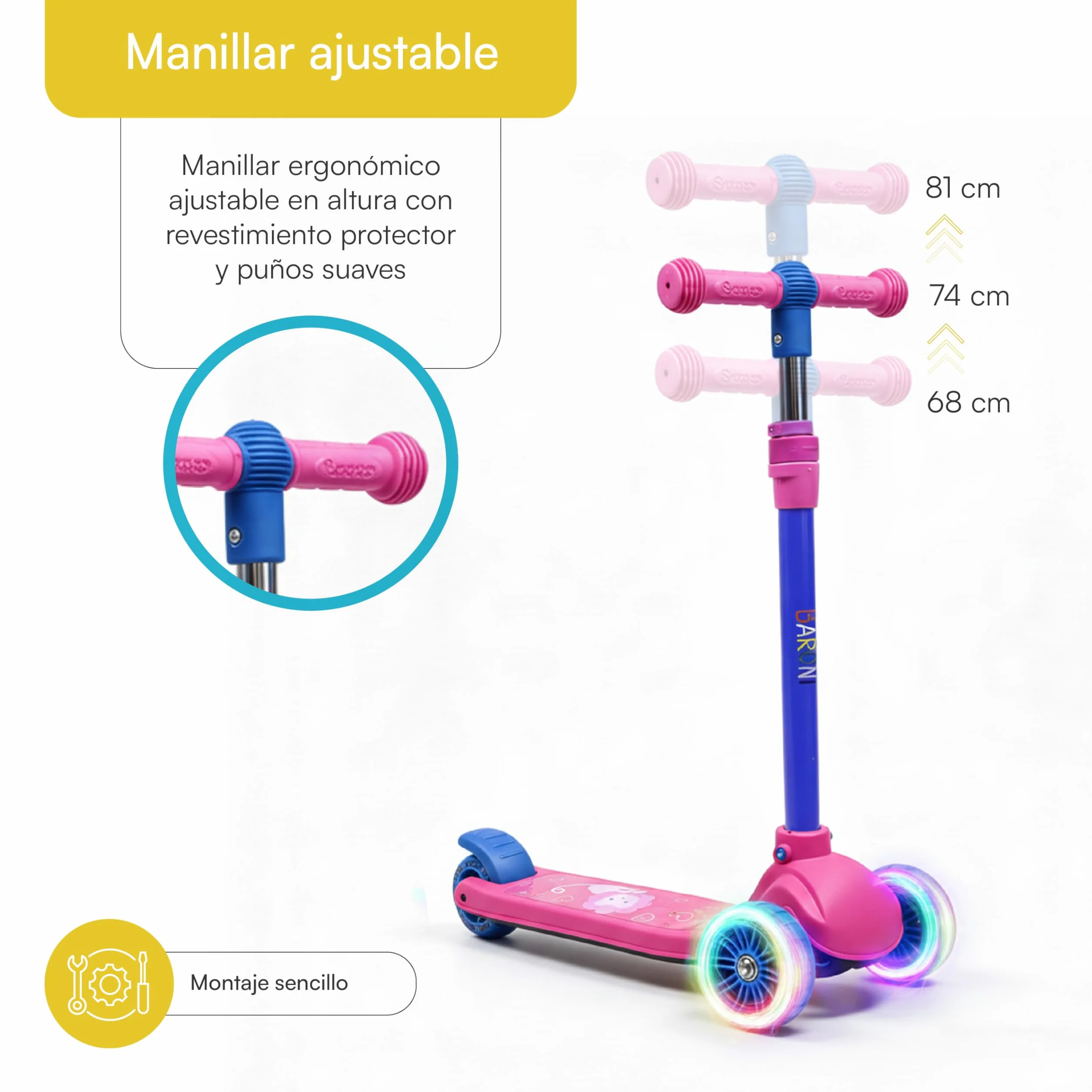 Baroni Toys Patinete 3 ruedas niños LED luminosas sin pilas manillar ajustable 3 alturas freno trasero 52x25x81 cm rosa