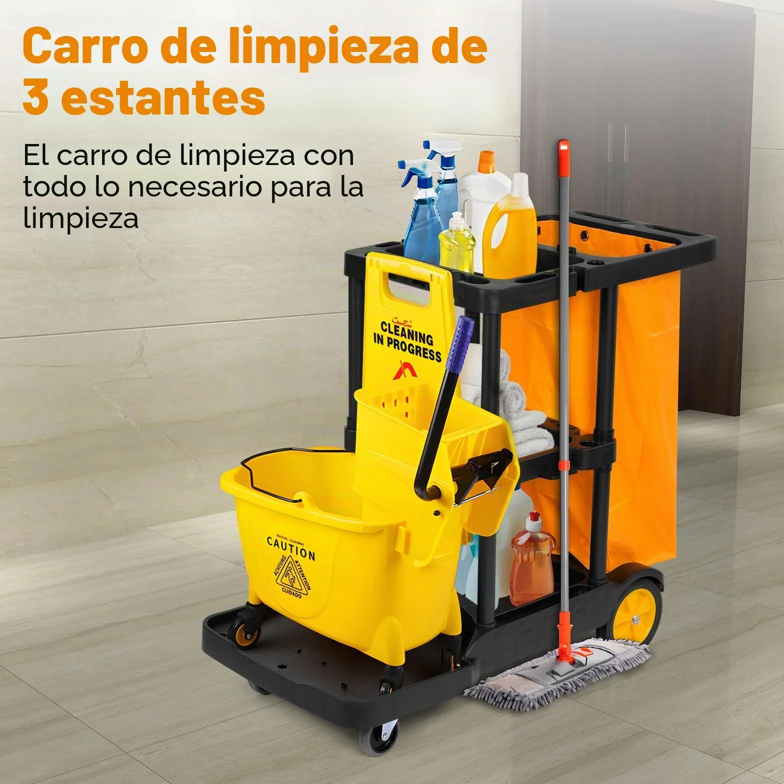 Bimiti Carro de limpieza profesional con bolsa extragrande, 113x56x93 cm, 3 niveles de gran capacidad, carrito de limpieza, bolsa de basura de 65 L, amarillo y negro