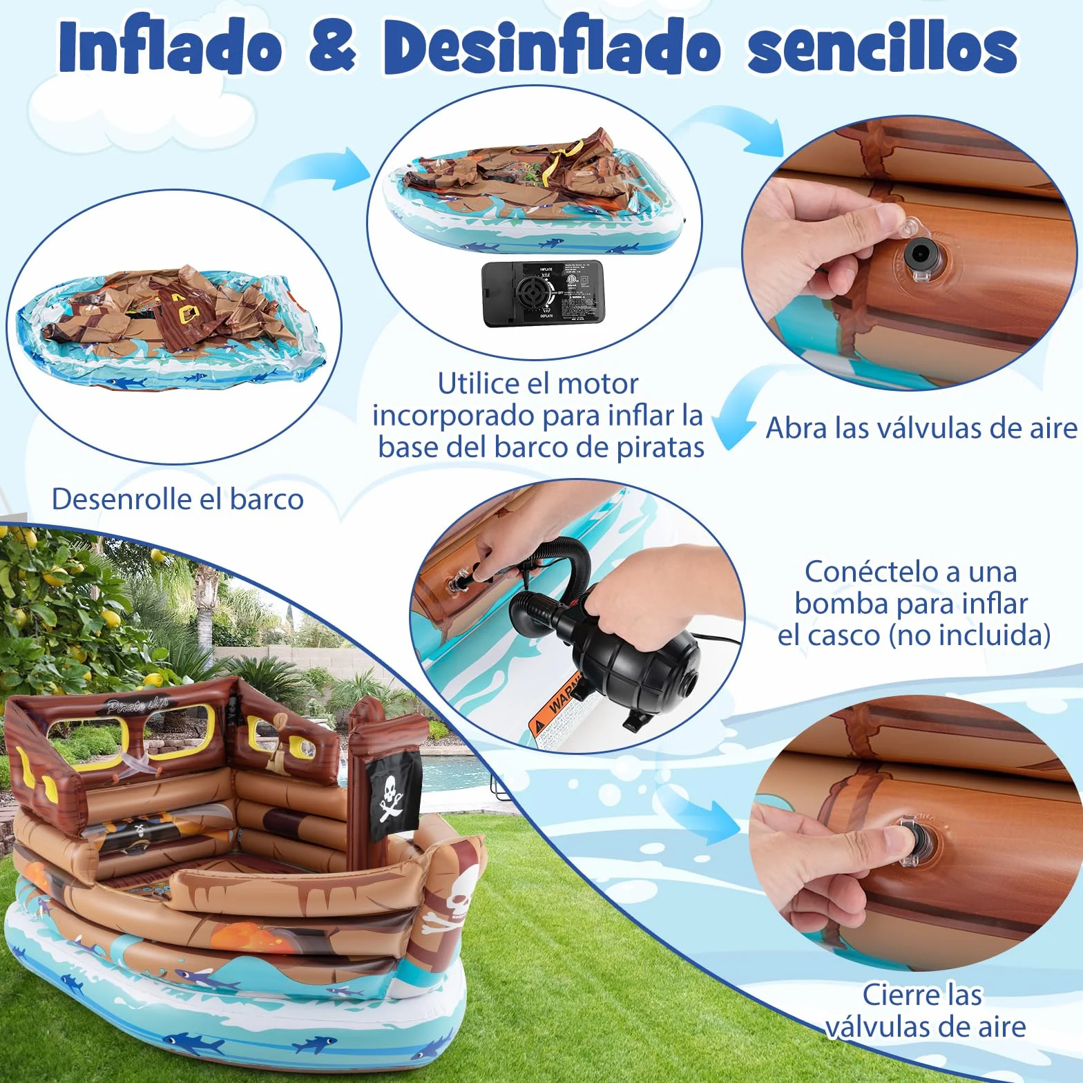 COSTWAY Barca Hinchable Niños Pirata Motor Incorporado 203x138x111 cm