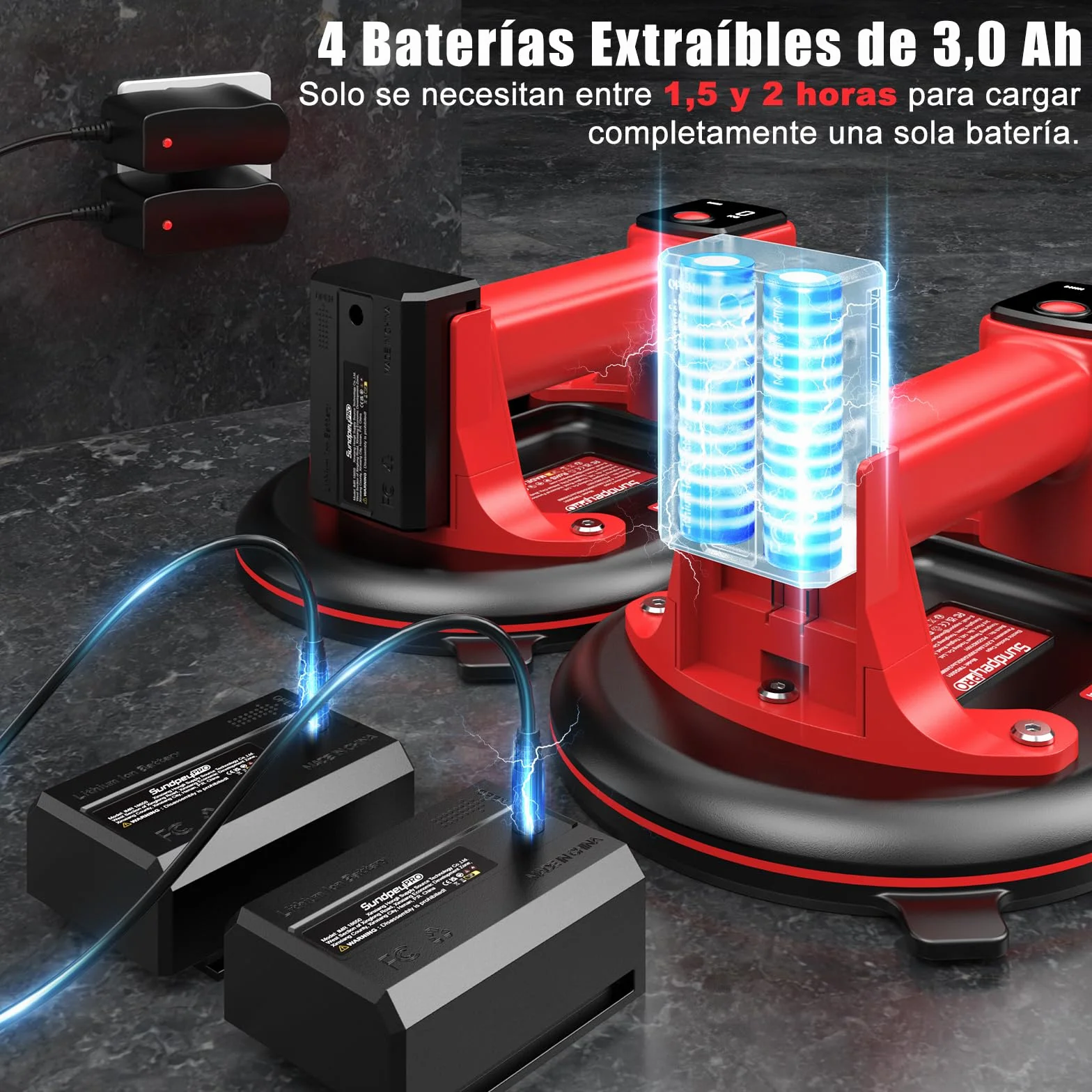 2-Piezas Ventosas para Cristales, 10" Ventosas EléCtrica para Azulejos, Ventosa de VacíO, Carga MáX. 300 KG, con 4 X 3,0Ah BateríAs, Ventosa para Levantar Baldosas, Granito, MáRmol y Vidrio