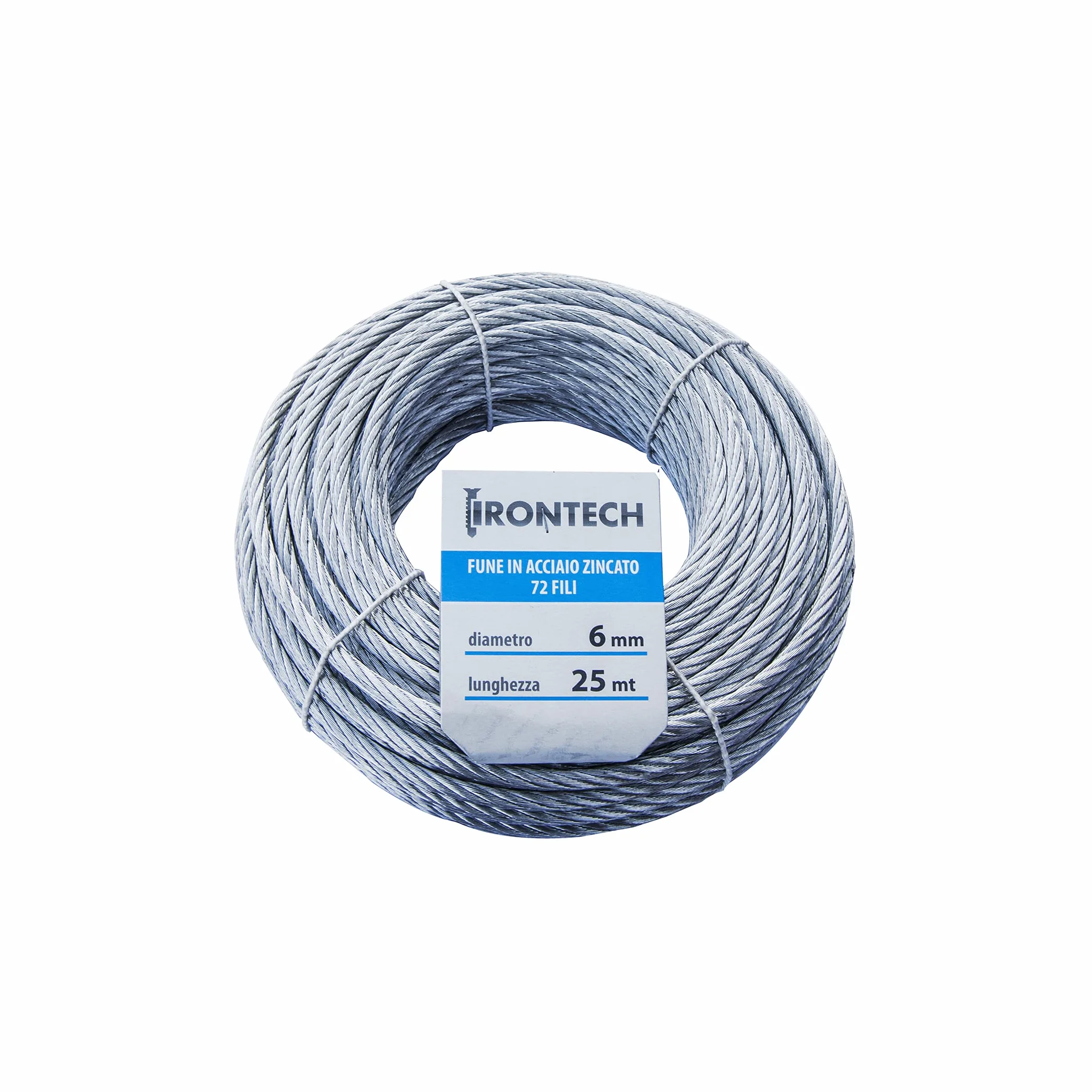 Cuerda de 72 hilos, diámetro de 6 mm, de acero galvanizado, 25 m.