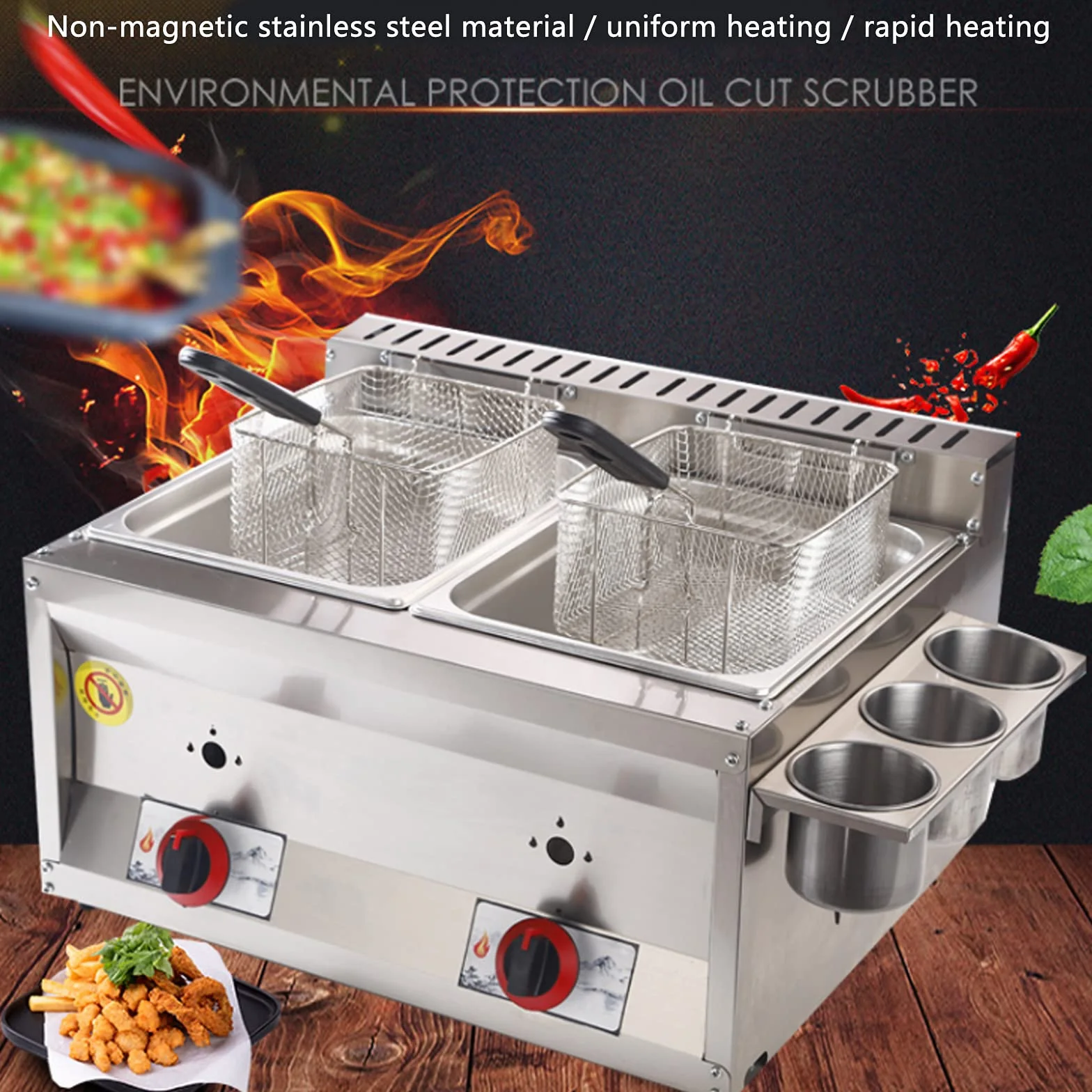 Freidora de gas 20 L, freidora de gas profesional de acero inoxidable comercial con cuchara de cesta para encimera de restaurante comercial Máquina para cocinar alimentos