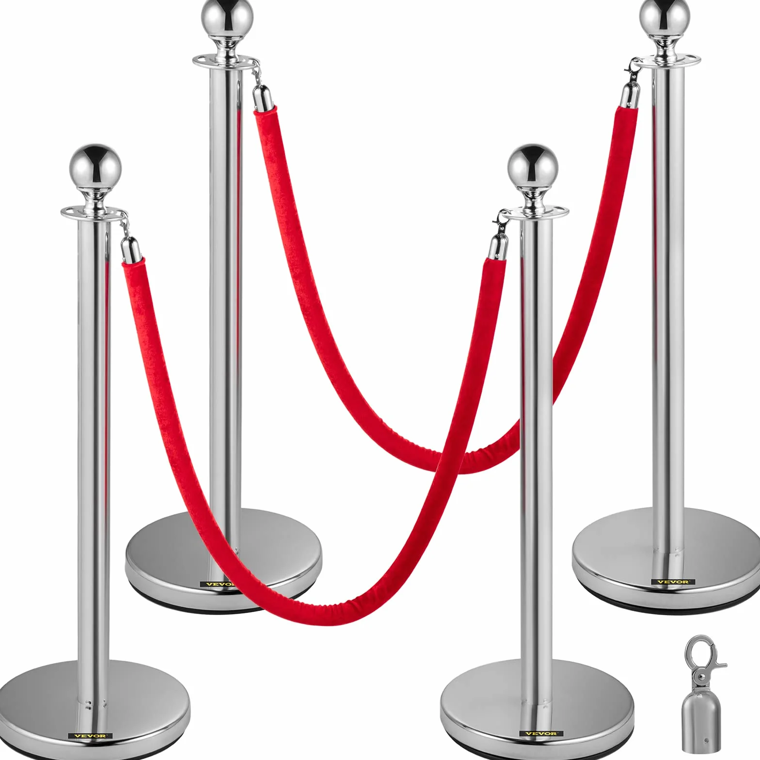 Mophorn 4 Juegos Poste Separador de Cinta, Barreras de Seguridad de 2 Cuerdas 1.5m Plata