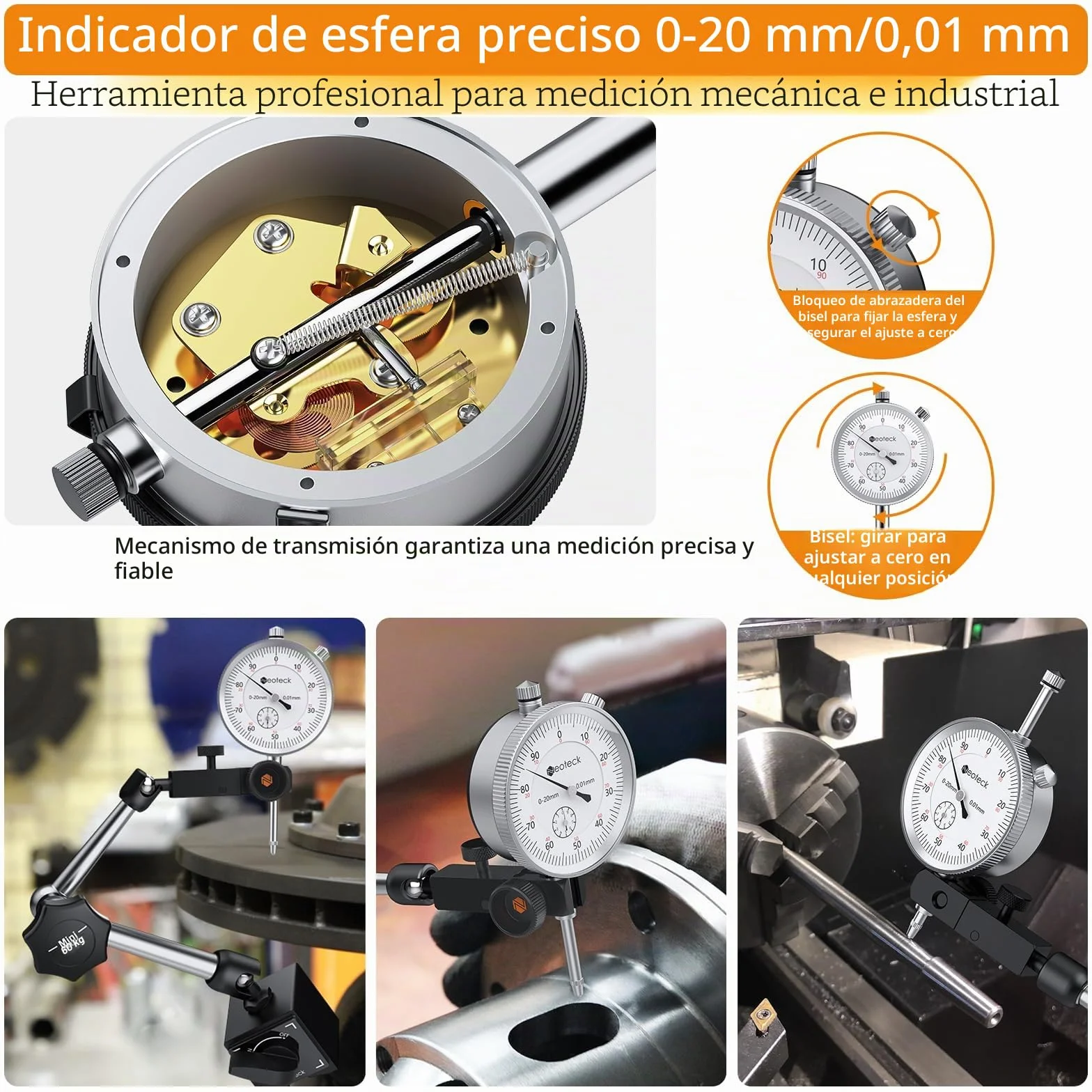 Neoteck Reloj Comparador 0-20mm Indicador de Cuadrante 0.01mm con Base Magnética 132lbs/60kg para Torno CNC Impresora 3D