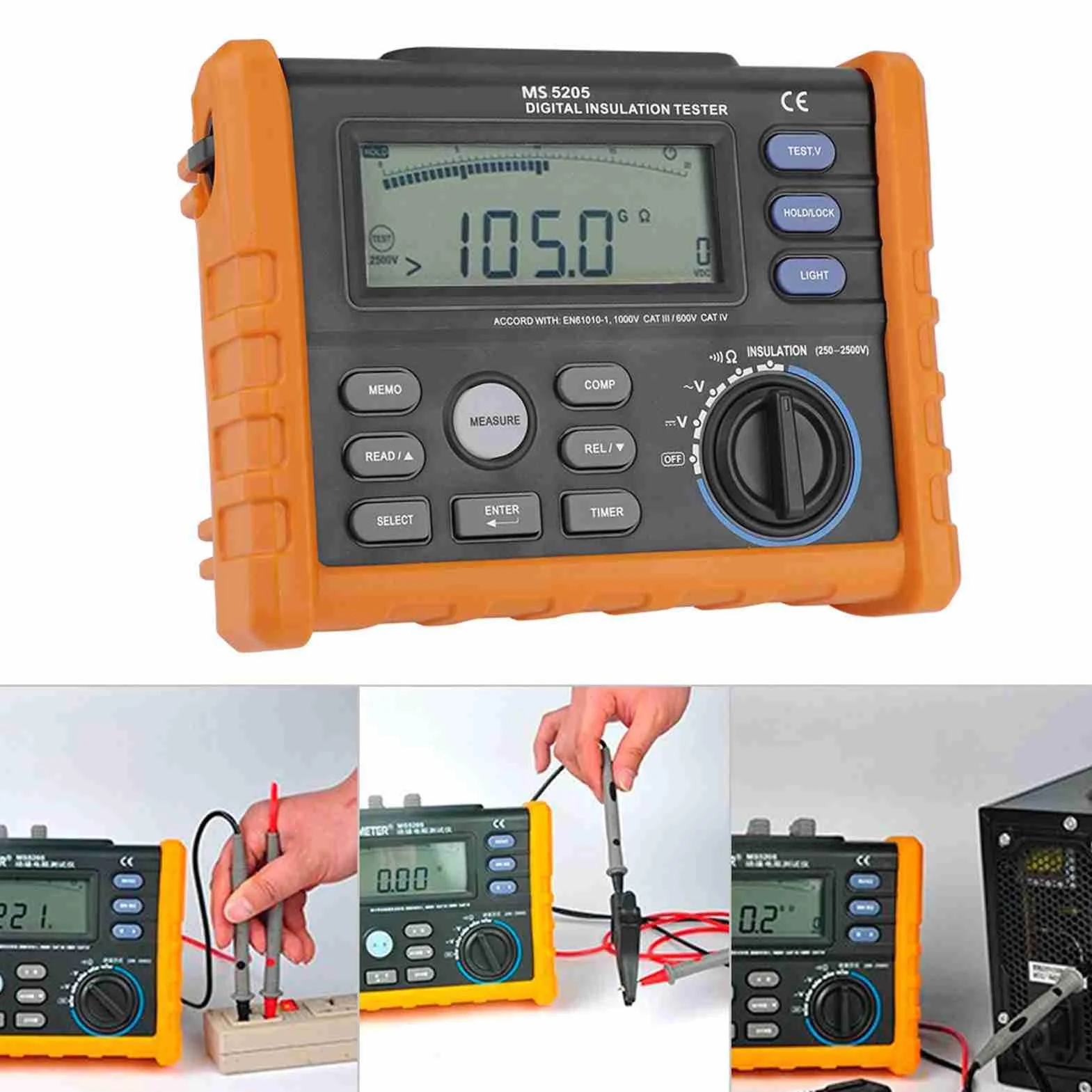 PM5205 Medidor Resistencia Digital 2500V Aislamiento Megohm Tester 0.01MΩ-100GΩ Resistencia Megger AC/DC Tester Voltaje con Pantalla LCD Retroiluminación