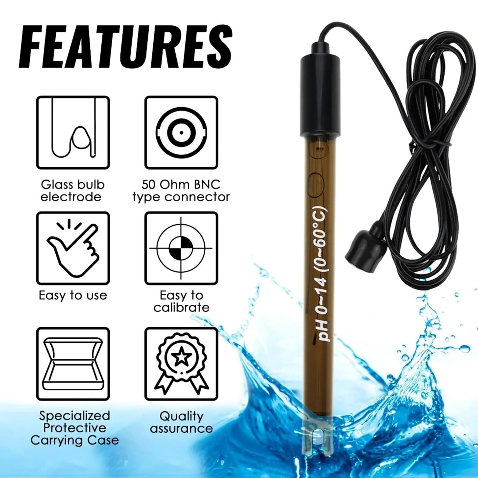 Sonda de pH for piscinas con conector BNC de 50 ohmios, cable de 200 cm, for hidroponía y acuarios. Incluye sonda for medir el pH del agua.,Análisis confiable