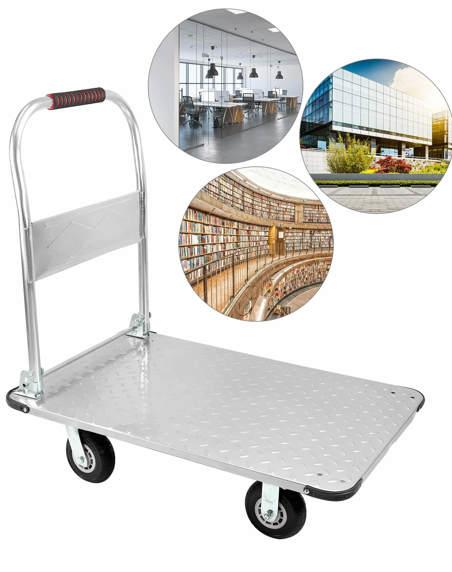 QWORK® Carro de Plataforma Plegable Robusto, con Capacidad de Carga de 1100 kg, 90 x 60 cm y neumáticos de Goma silenciosos, Carro de Transporte de Acero para Trabajo Pesado