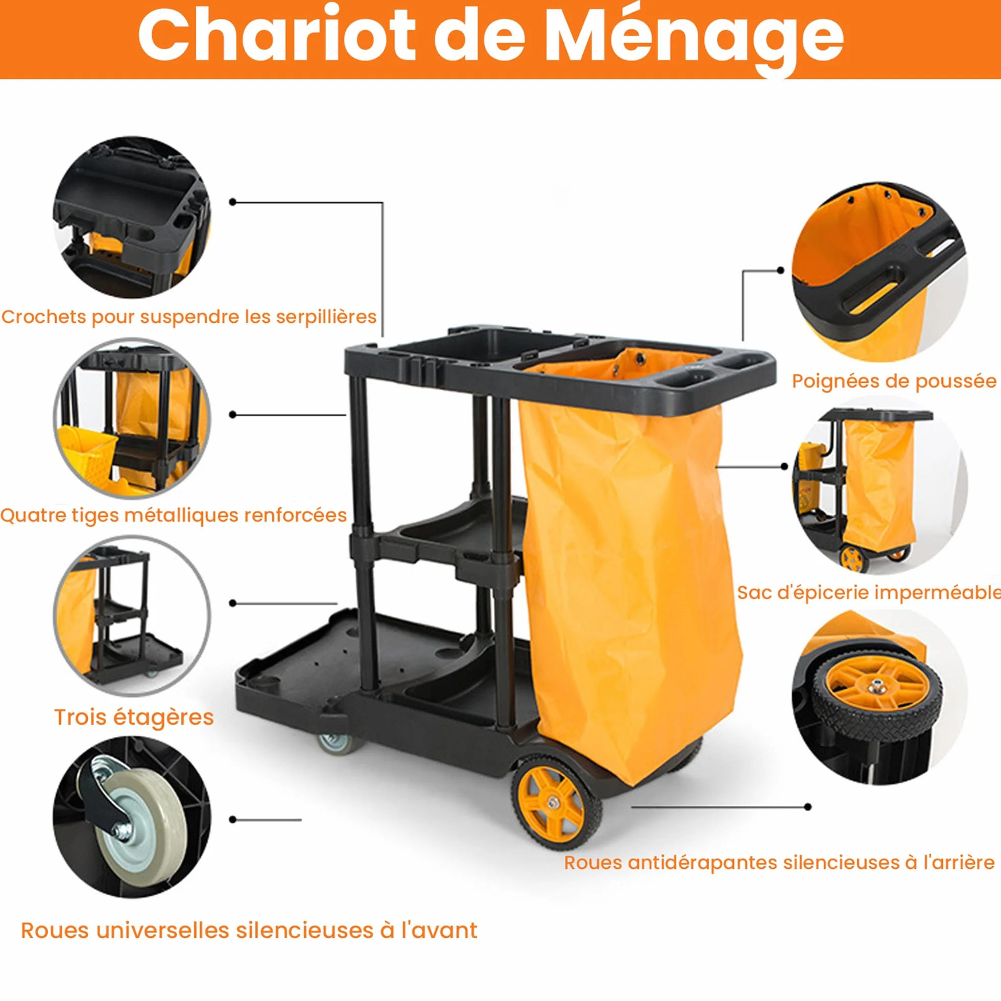 Uyoyous Carro de limpieza profesional, 3 niveles con 4 ruedas, color negro y amarillo, bolsa grande de 65 l, carro de mantenimiento, 113 x 56 x 93 cm