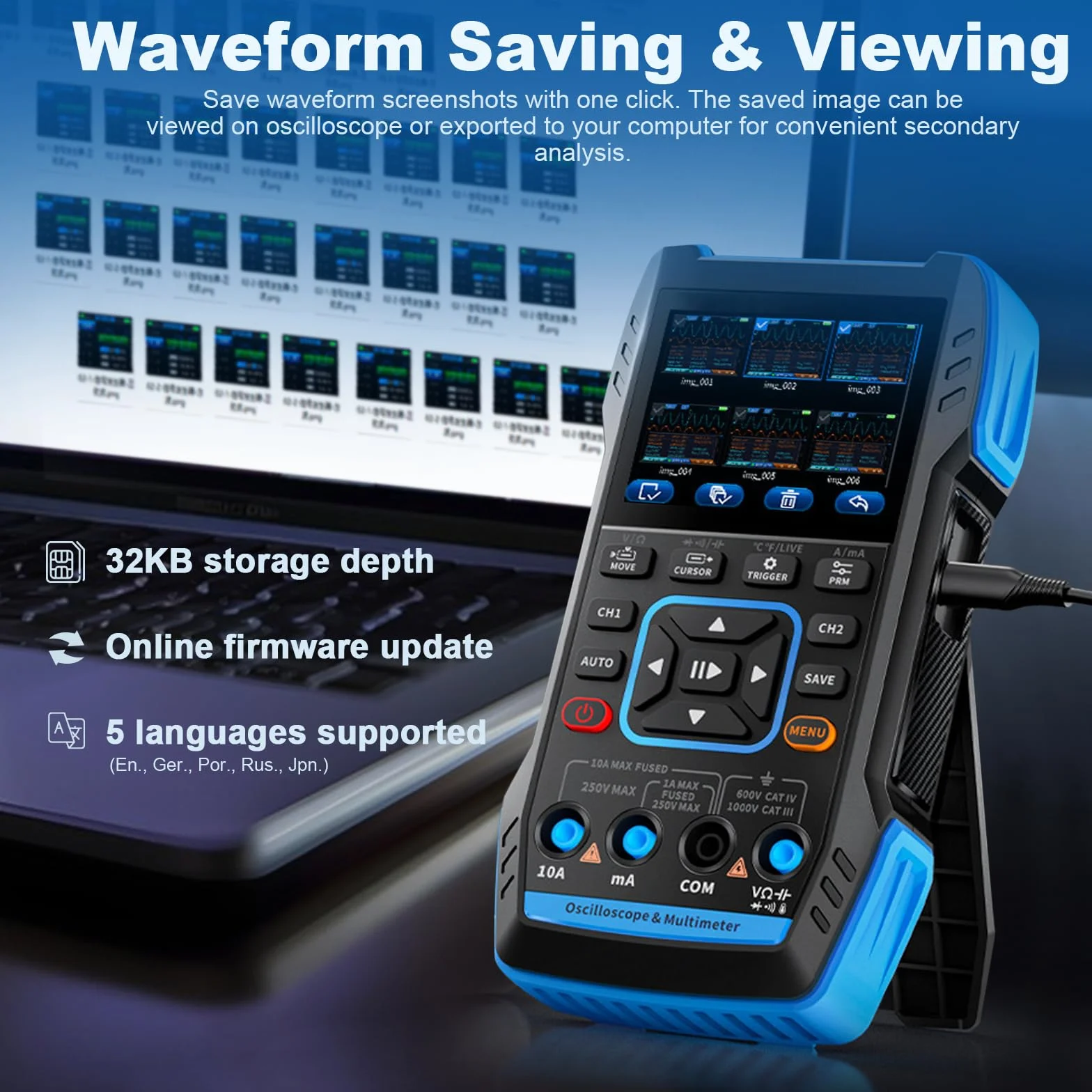 Osciloscopio Multímetro 2 Canales, WapoRich 3 en 1 Profesional Osciloscopio Portátil con 10MHz, 50 MSa/s, TRMS 9999 Cuentas, 7 Formas de Onda para Laboratorio, Automocion