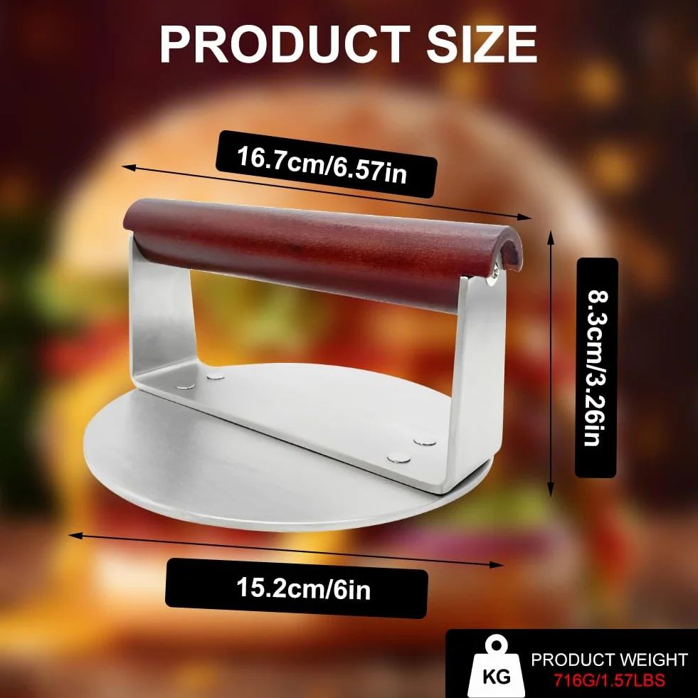 Burger Smasher - Prensa para hamburguesas (21,5 cm, 1,15 kg, acero inoxidable, mango de madera, para carne, hamburguesas, carne, tocino, salchichas, accesorios profesionales para barbacoa (15,2 cm)