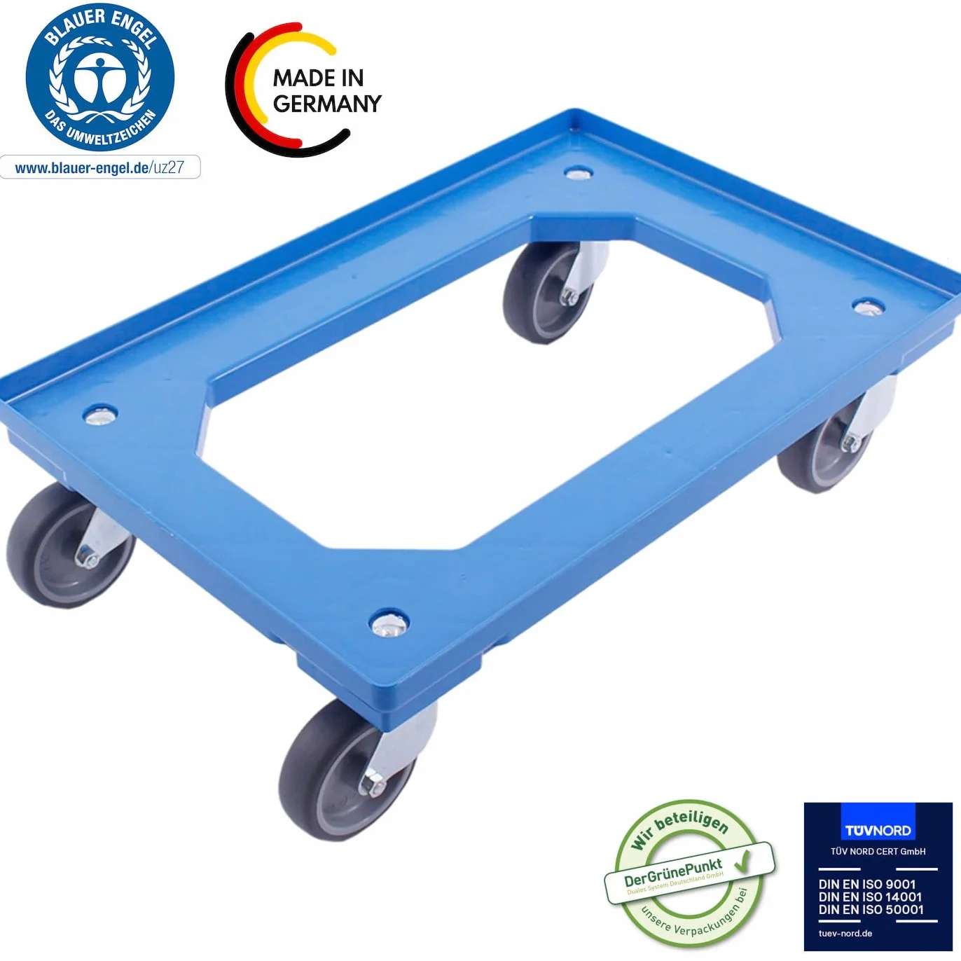Carro de transporte 60x40 cm plataforma con ruedas carga máxima 300 kg azul
