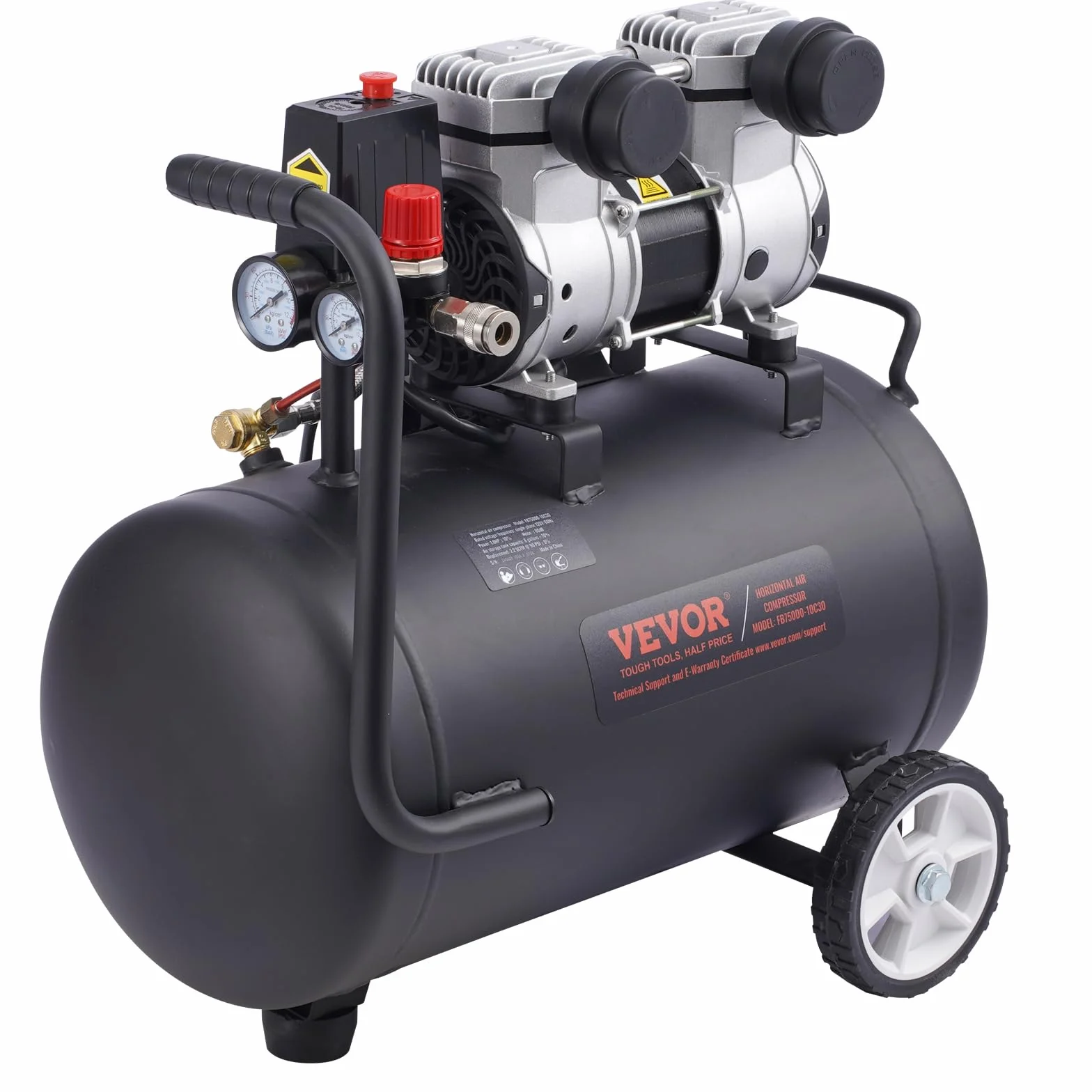 VEVOR Compresor de Aire sin Aceite 1 HP, Tanque de Acero 30 L, 2,2 CFM 90 PSI, 120 PSI, Portátil 80 dB