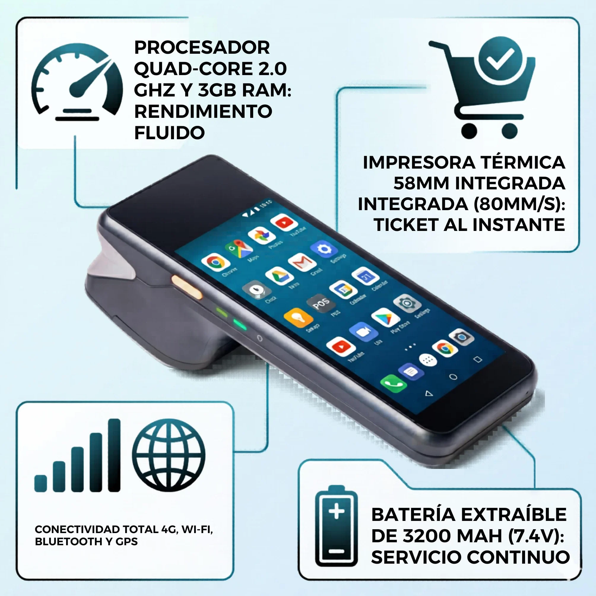 MAIA PDA Android para Hostelería y Restaurantes con Impresora 58 mm | Comandero TPV con Lector QR 1D/2D, 4G y WiFi | Terminal Portátil Profesional para Comercio y Reparto