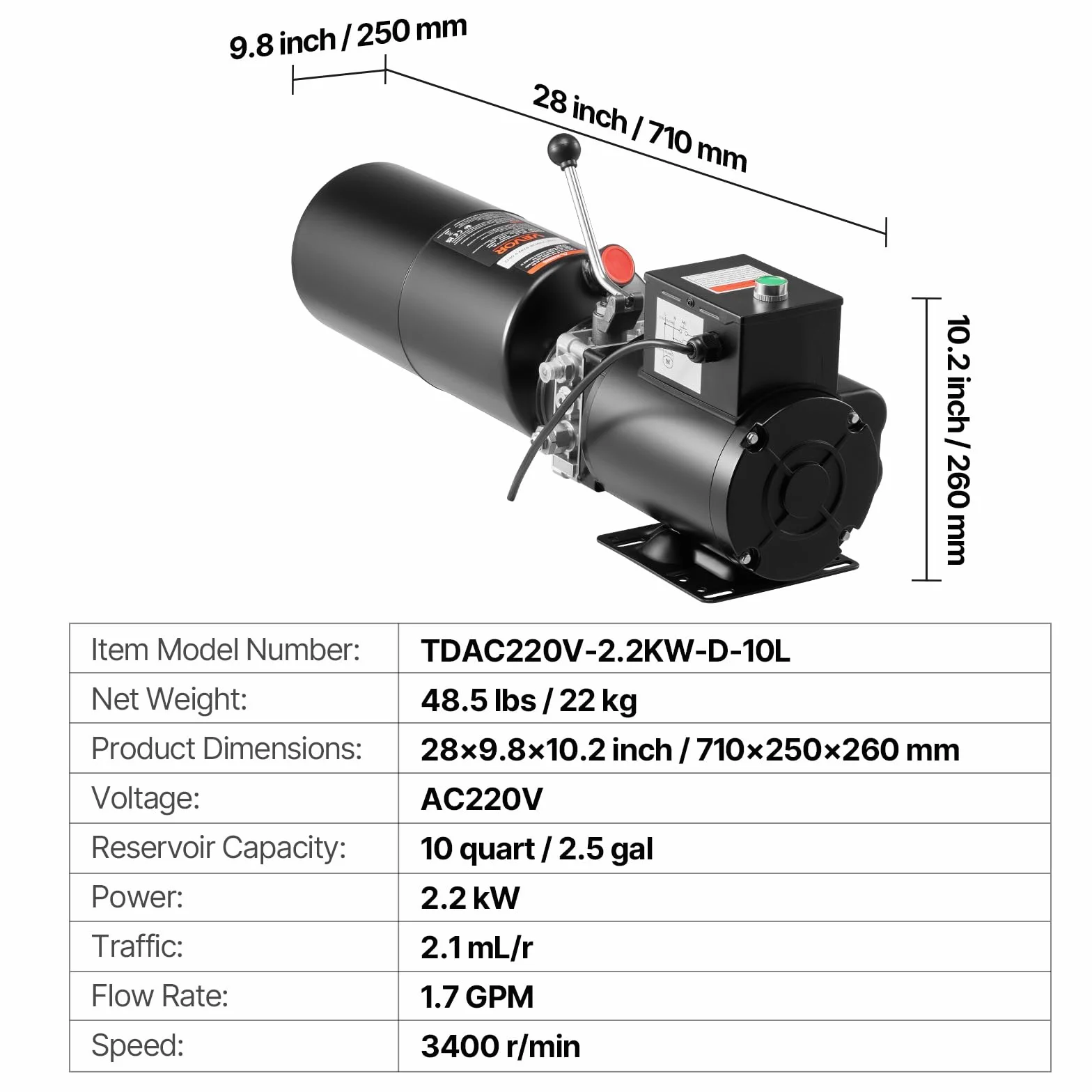 VEVOR Bomba Hidráulica de Simple Efecto, Caudal de Aceite de 6,3 L/min, Presión Máxima de Descarga 22 MPa, para Camiones, Talleres Mecánicos y Elevadores de Vehículos, Negro, 710 x 250 x 260 mm