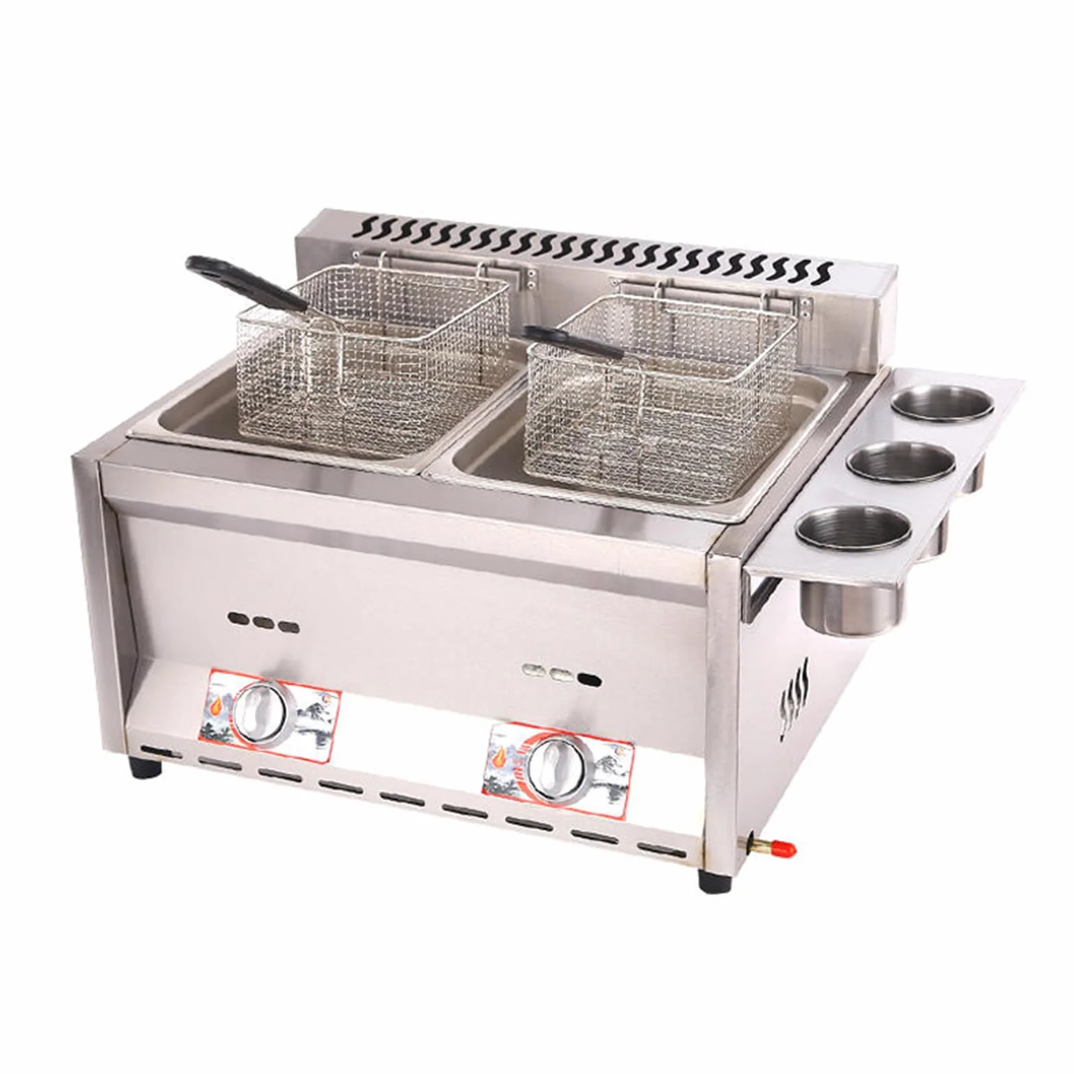 Freidora de gas, freidora de gas profesional de acero inoxidable comercial con cesta y tapa, Freidora 2x8L Doble Tanque para encimera de restaurante comercial Máquina