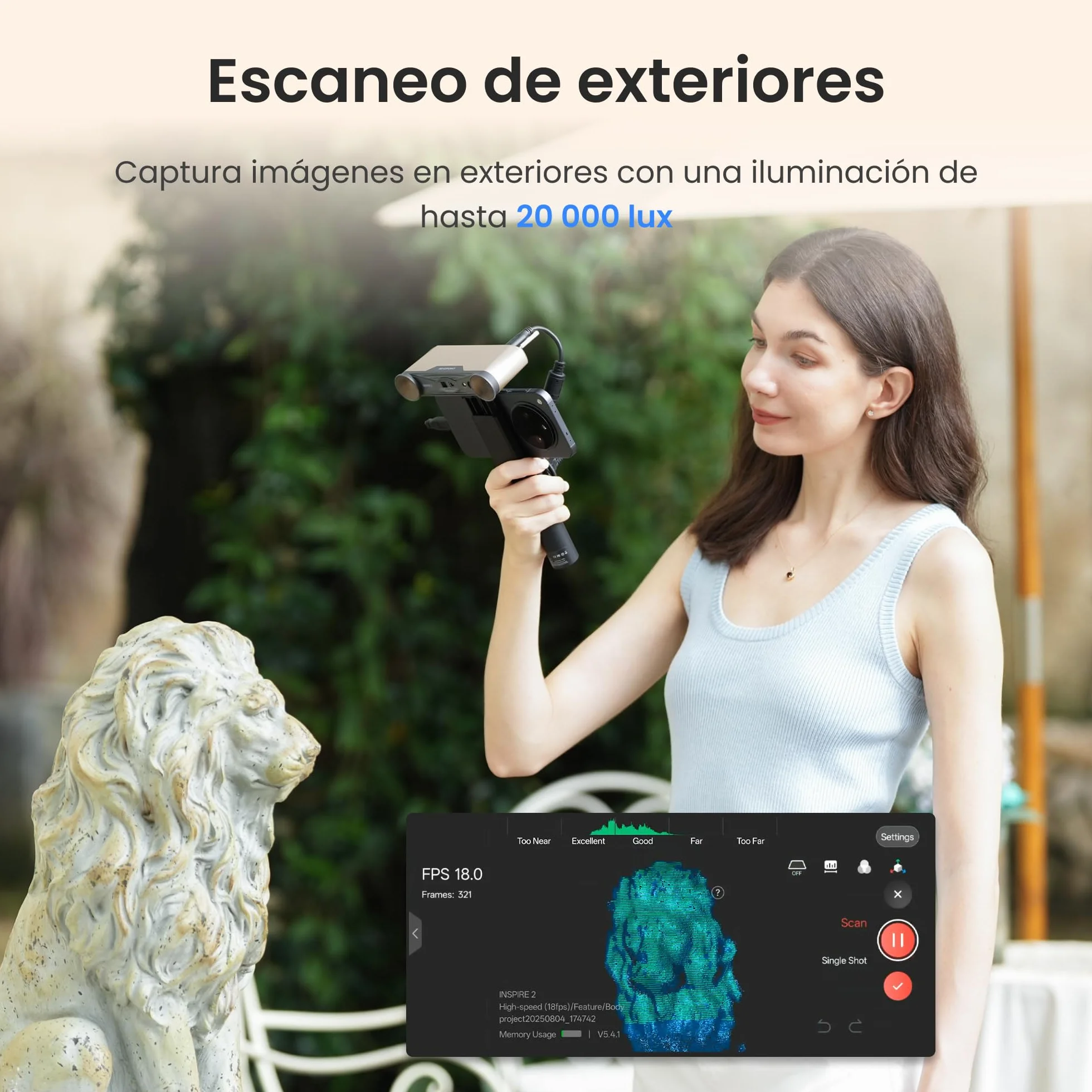 Revopoint INSPIRE 2 Escáner 3D para Impresión 3D, Precisión hasta 0,03 mm, Láser Multilínea y Luz Estructurada, Escaneo Inalámbrico y Exterior, a Todo Color, para iOS/Android/Win10/11, Estándar