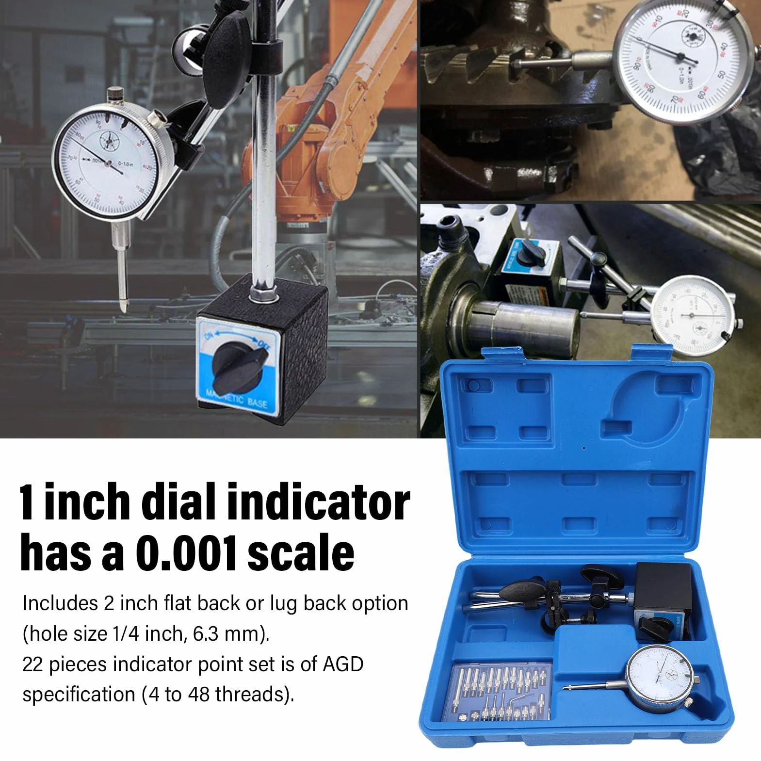 Indicador de cuadrante de precisión con juego de base Ajuste fino Brazo largo Servicio pesado Precisión de 0 1 pulgada 0 001 pulgada para mediciones de máquinas de laborato
