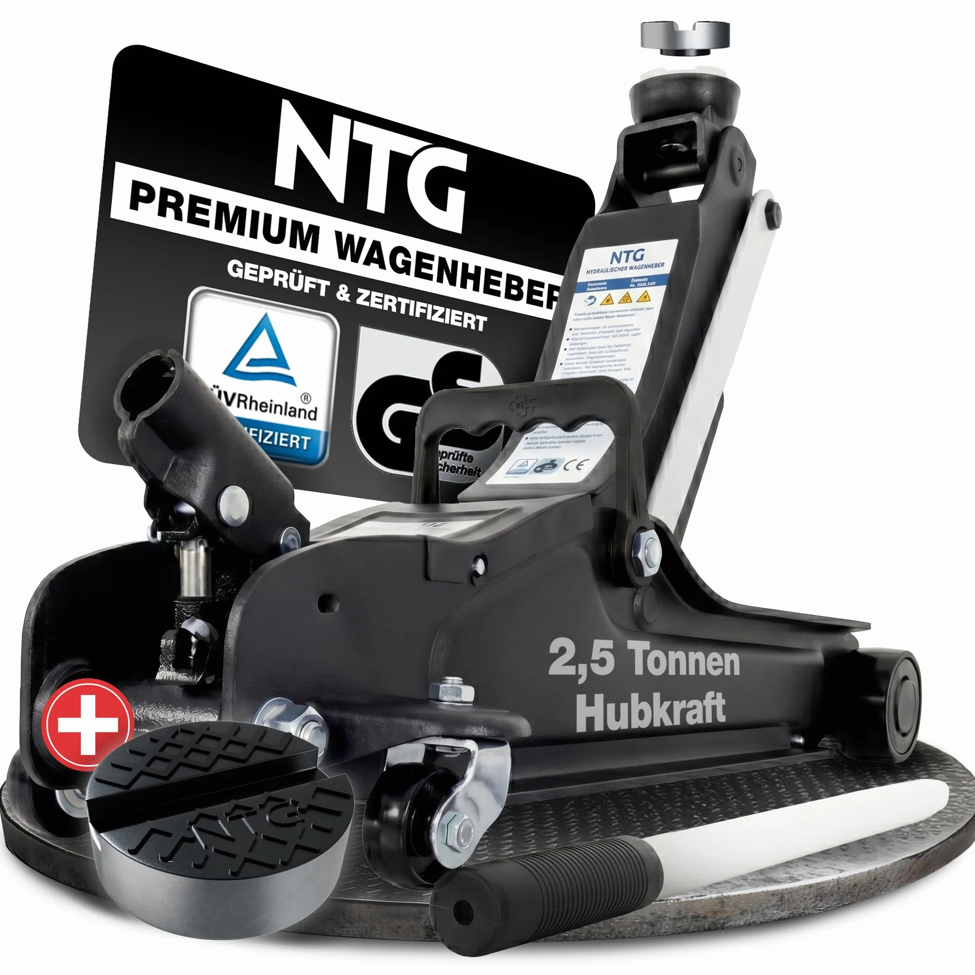 Gato hidráulico 2,5T certificado TÜV (85-375 mm altura de elevación) – Gato hidráulico profesional plano para coches bajos, elevador NTG (+ revestimiento de goma con ranura)