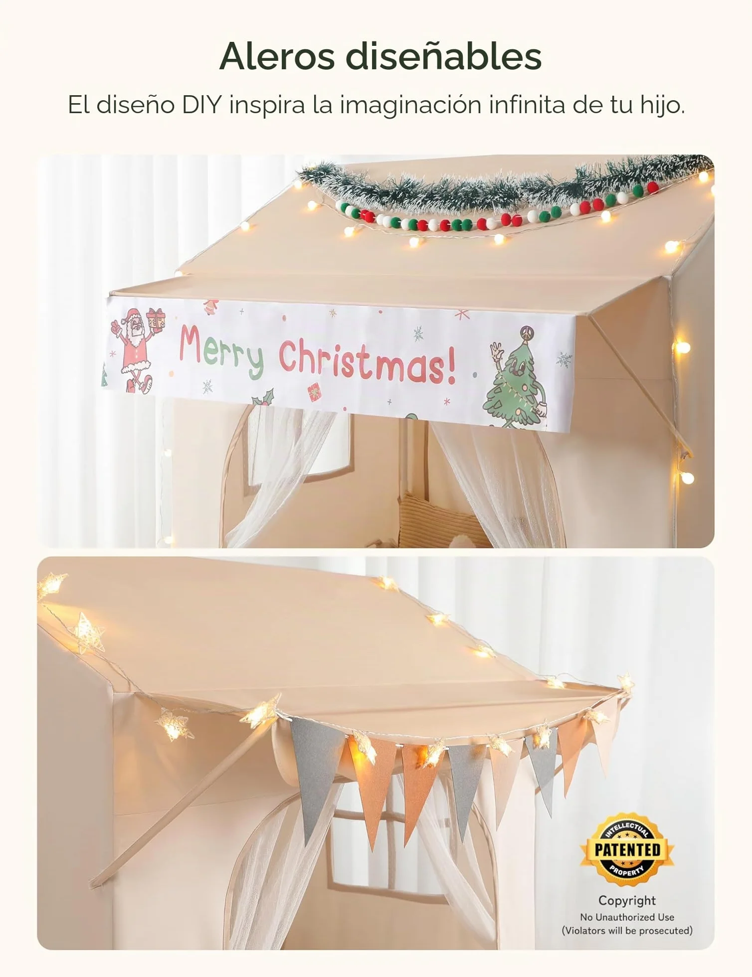 Besrey Tienda de Juego para Niños con Toldo, Casita Infantil 2 en 1 con Luz LED, Alfombra Acolchada