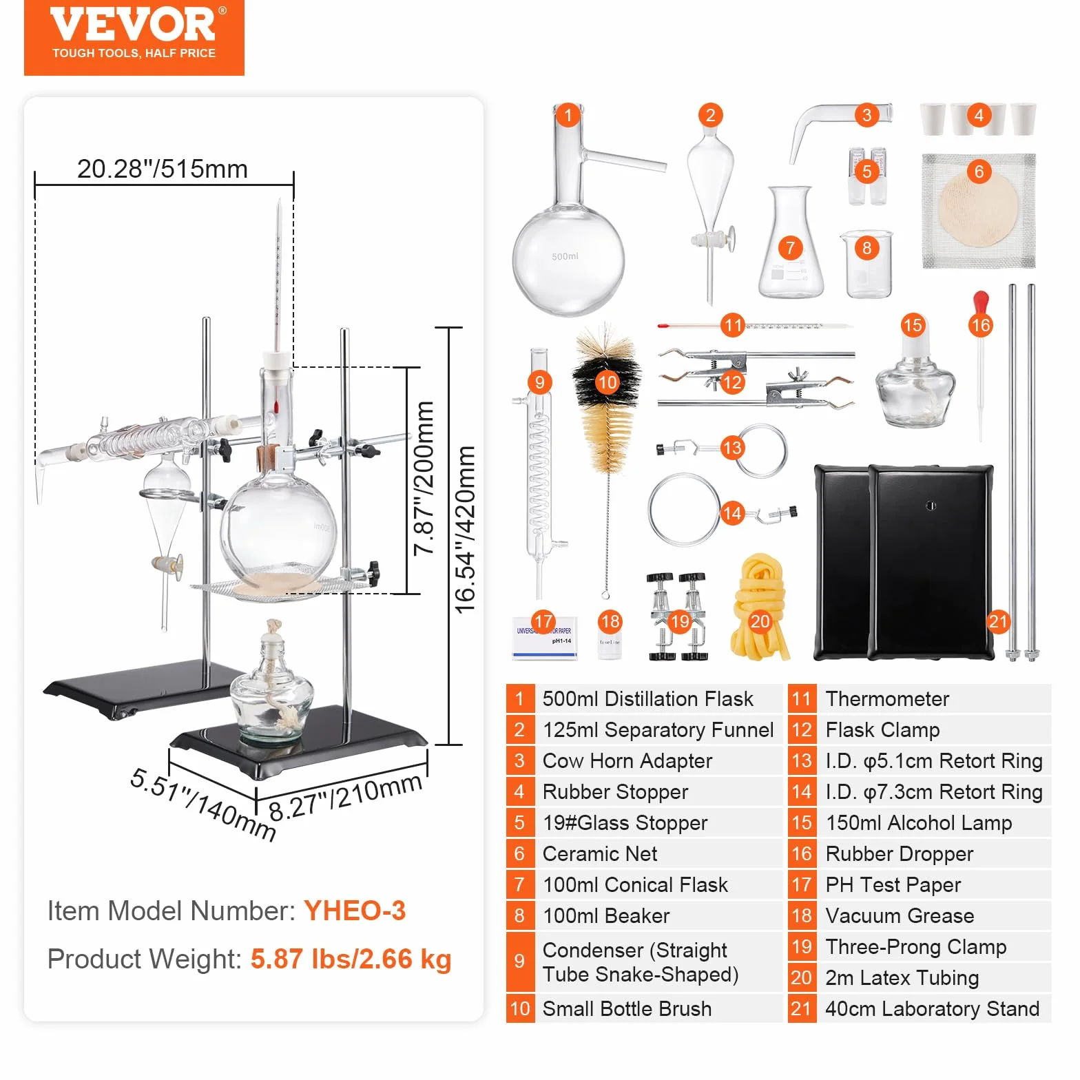 VEVOR Kit de destilación de aceites esenciales 500 ml, destilación de vidrio de laboratorio 3.3 Boro con lámpara de alcohol, malla de cerámica, conexión 24/40, 28 piezas