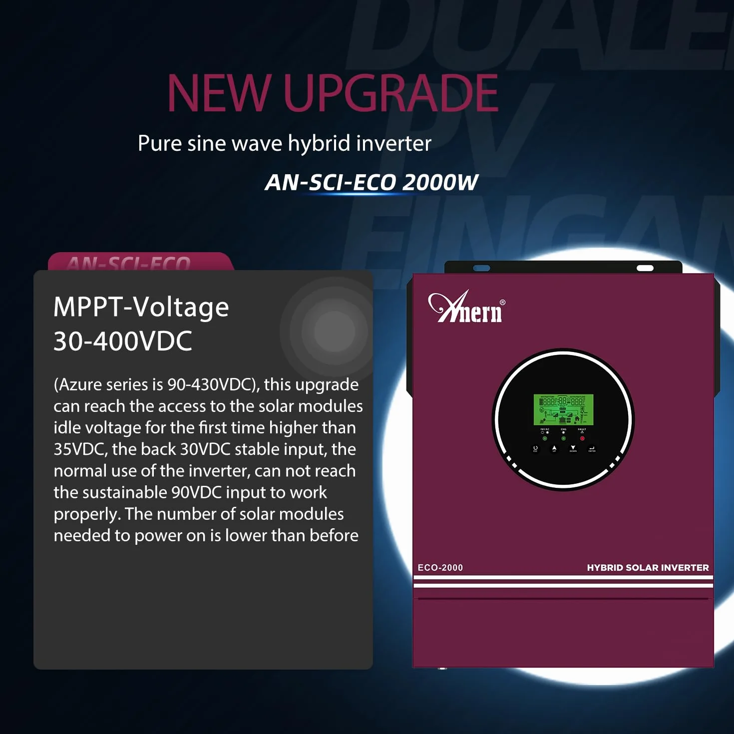 Anern 12V 2KW Inversor Solar híbrido Fuera de la Red Inversor Solar DC12V A AC230V con Cargador Solar MPPT de 80A Máx PV 400V DC Funciona con Acumuladores de Baterías de Litio de 12V