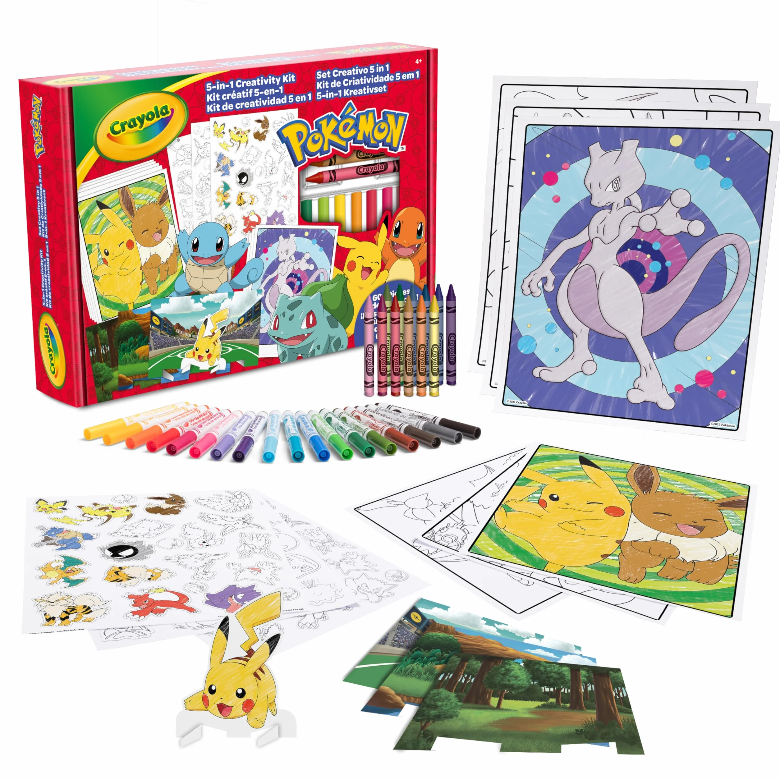 CRAYOLA Set Creativo Pokémon 5 en 1, 60 piezas, Rotuladores, Crayones, Pegatinas, Regalo niños 4+