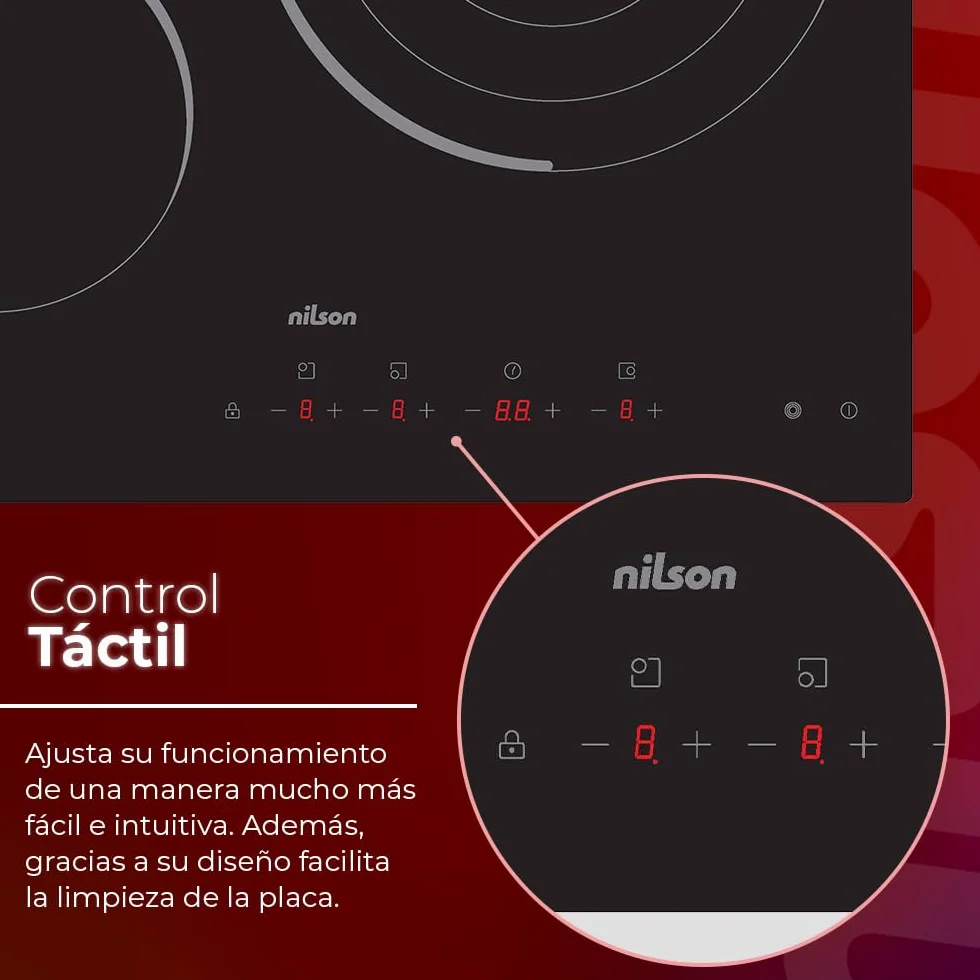 Nilson Placa Vitrocerámica Cristal Negro NV3600 5700W 3 Zonas Cocción 9 Niveles Control Táctil