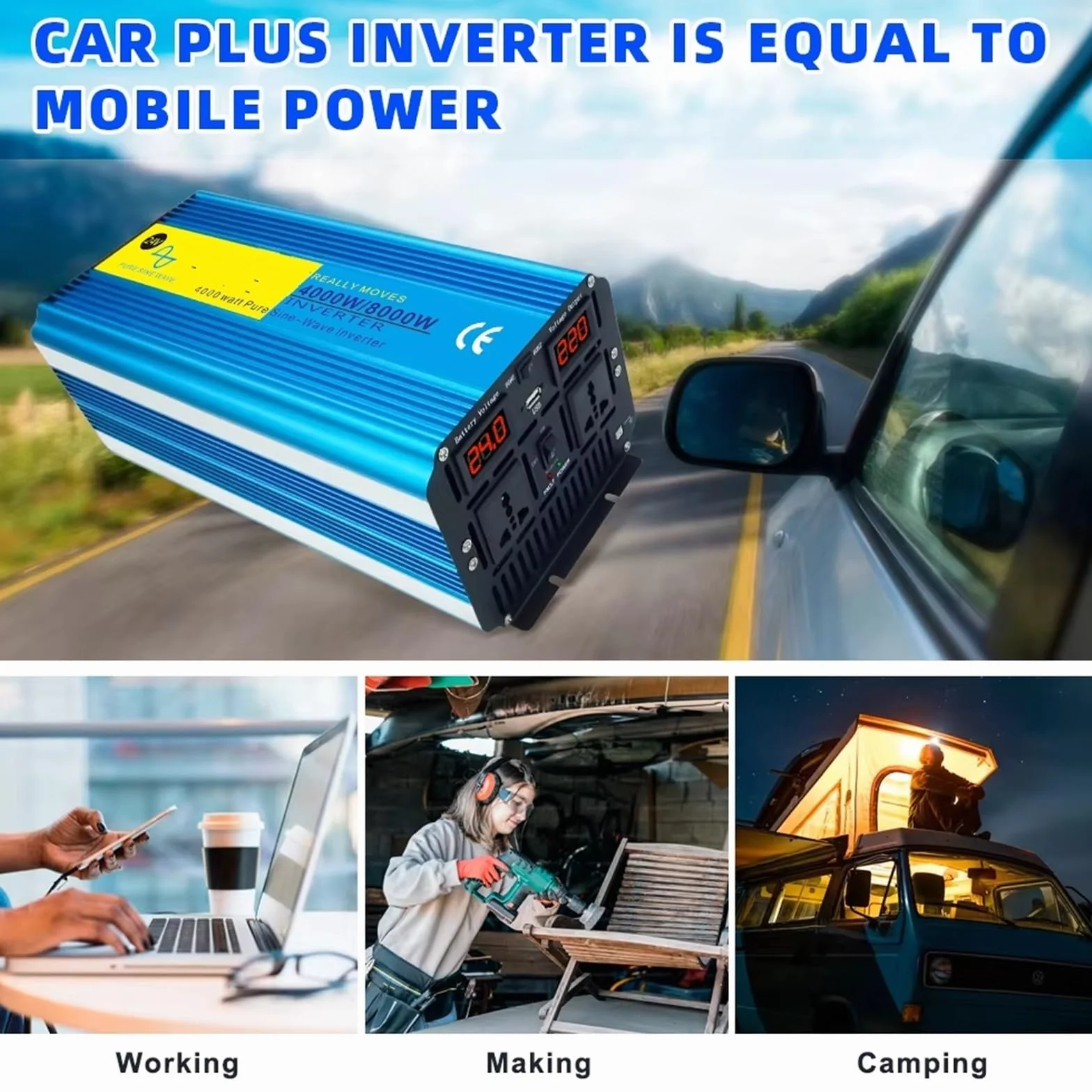 Inversor Inversor De Potencia Solar De Onda Sinusoidal Pura De 24V A 220V Convertidor Potente 60 Hz para Caravanas Y Camping Al Aire Libre(2000W Peak)