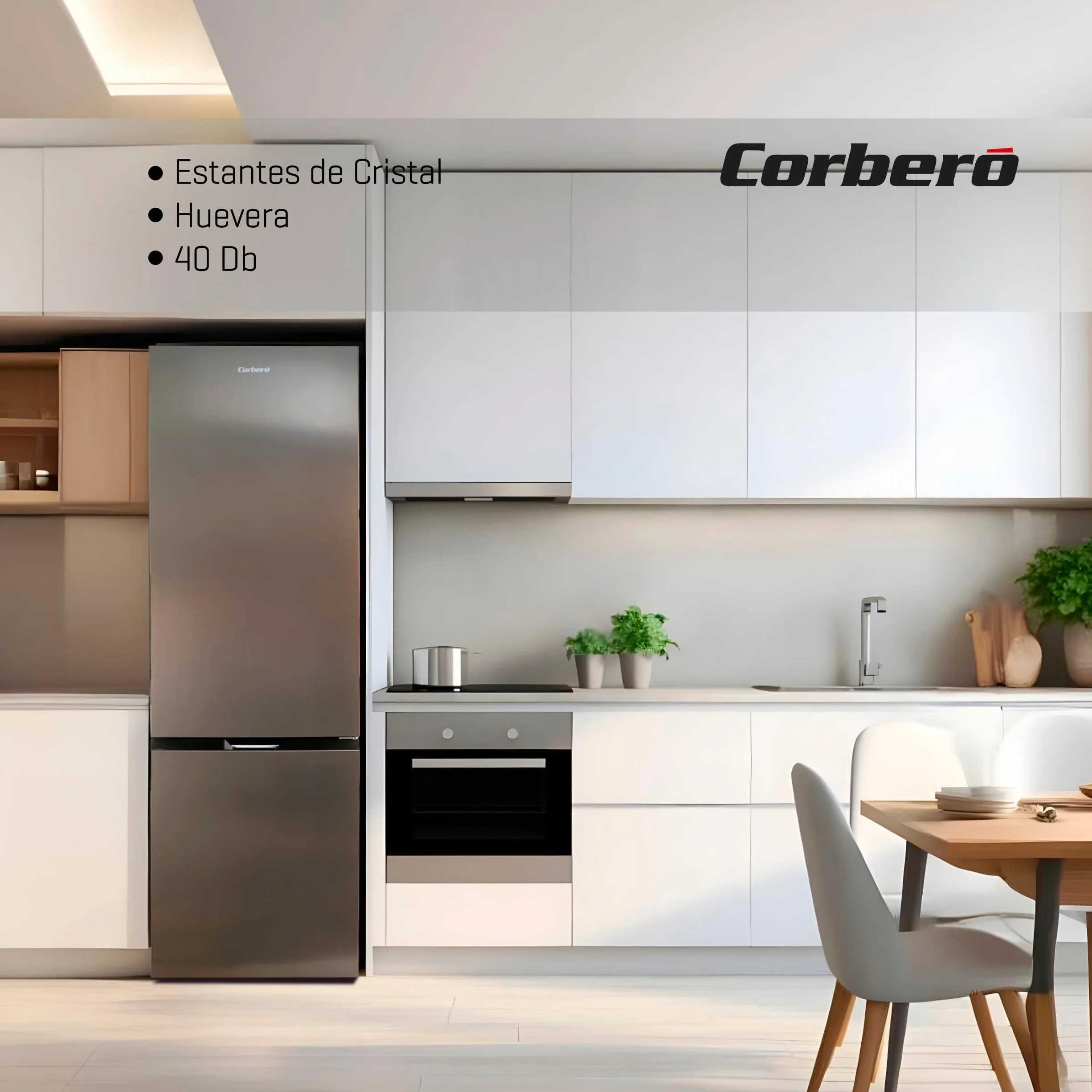 Corbero Frigorífico Combi No Frost 326L 201cm Luz LED Fresh Box Cajón Crisper Estantes Cristal Ajustables Inox