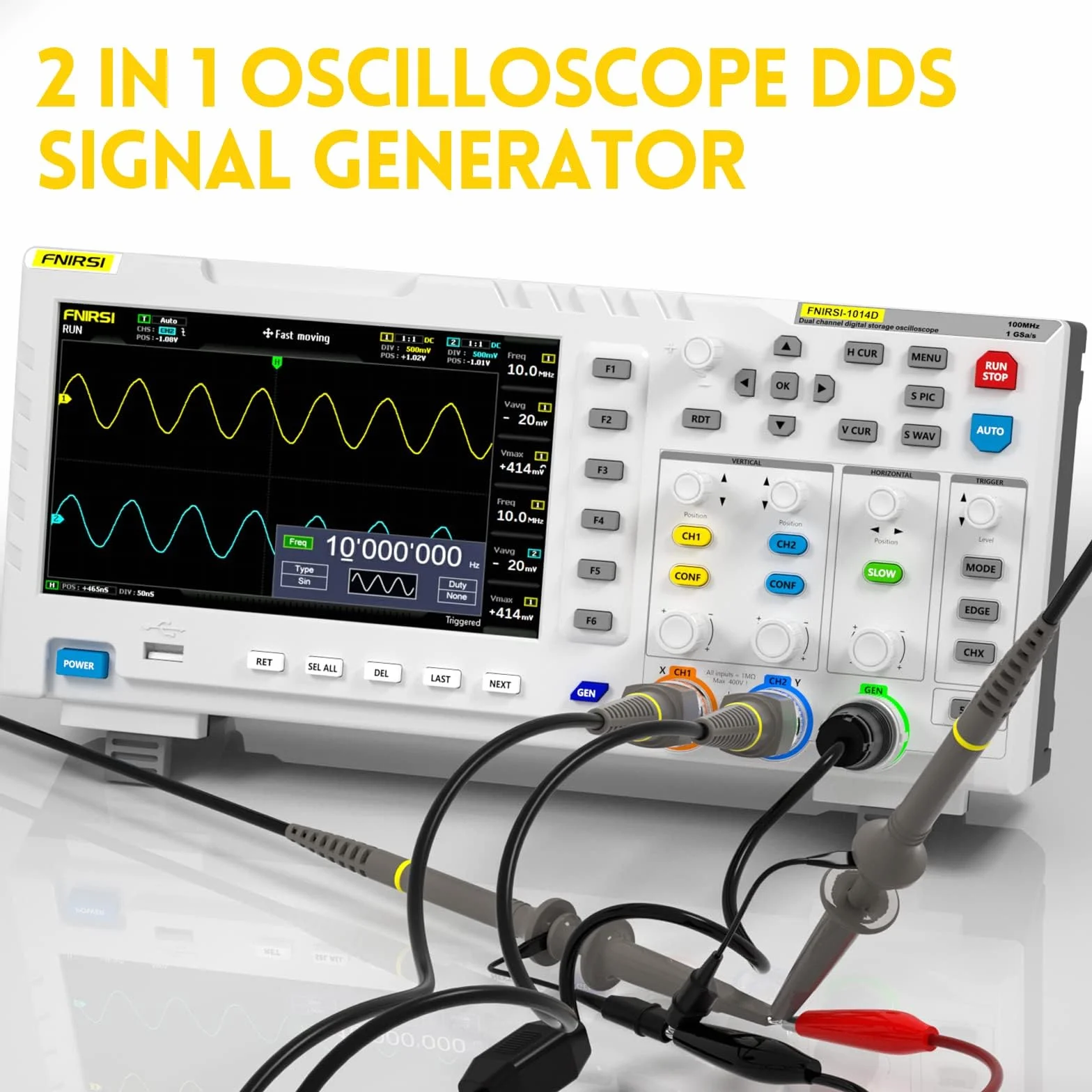 FNIRSI Osciloscopio 1014D - Osciloscopio digital 2 en 1, generador de señal DDS, 2 canales de 100 MHz de ancho de banda 1GSa/s